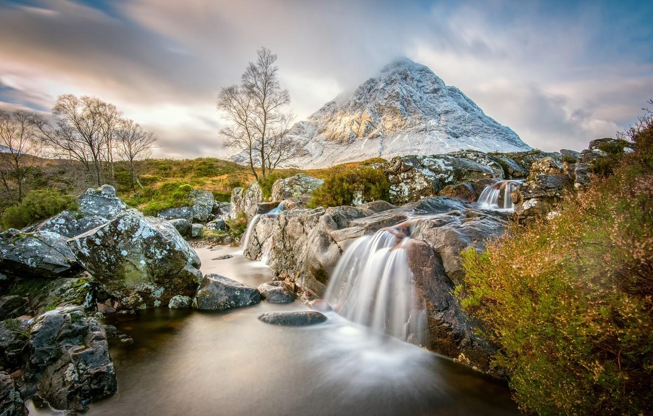 1340x850 Wallpaper clouds, stones, mountain, stream, Scotland, Desktop