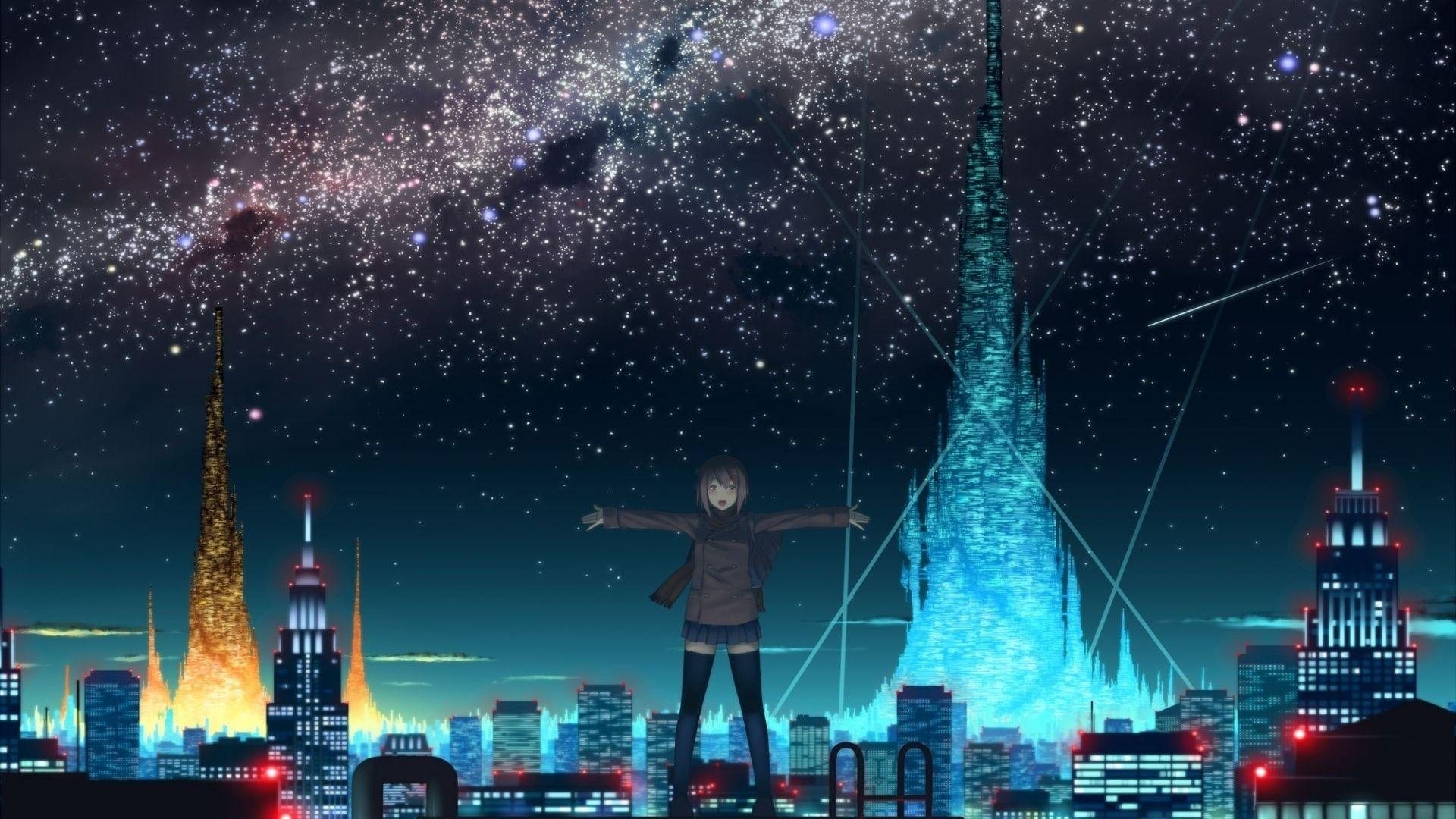 1920x1080 Anime, City, Lights, Girl, Roof, The Sky, Night Wallpaper, Desktop