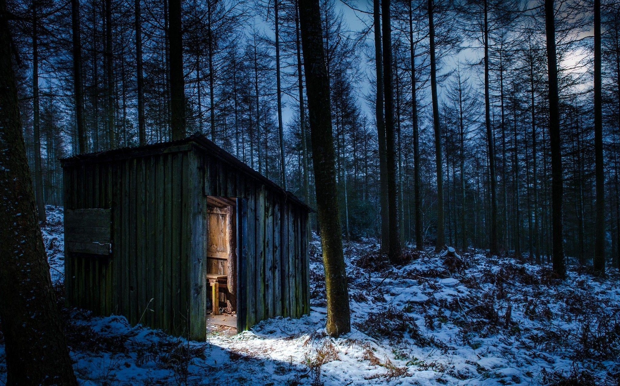 2050x1280 landscape, Nature, Forest, Snow, Hut, Moon, Moonlight, Winter, Trees, Desktop