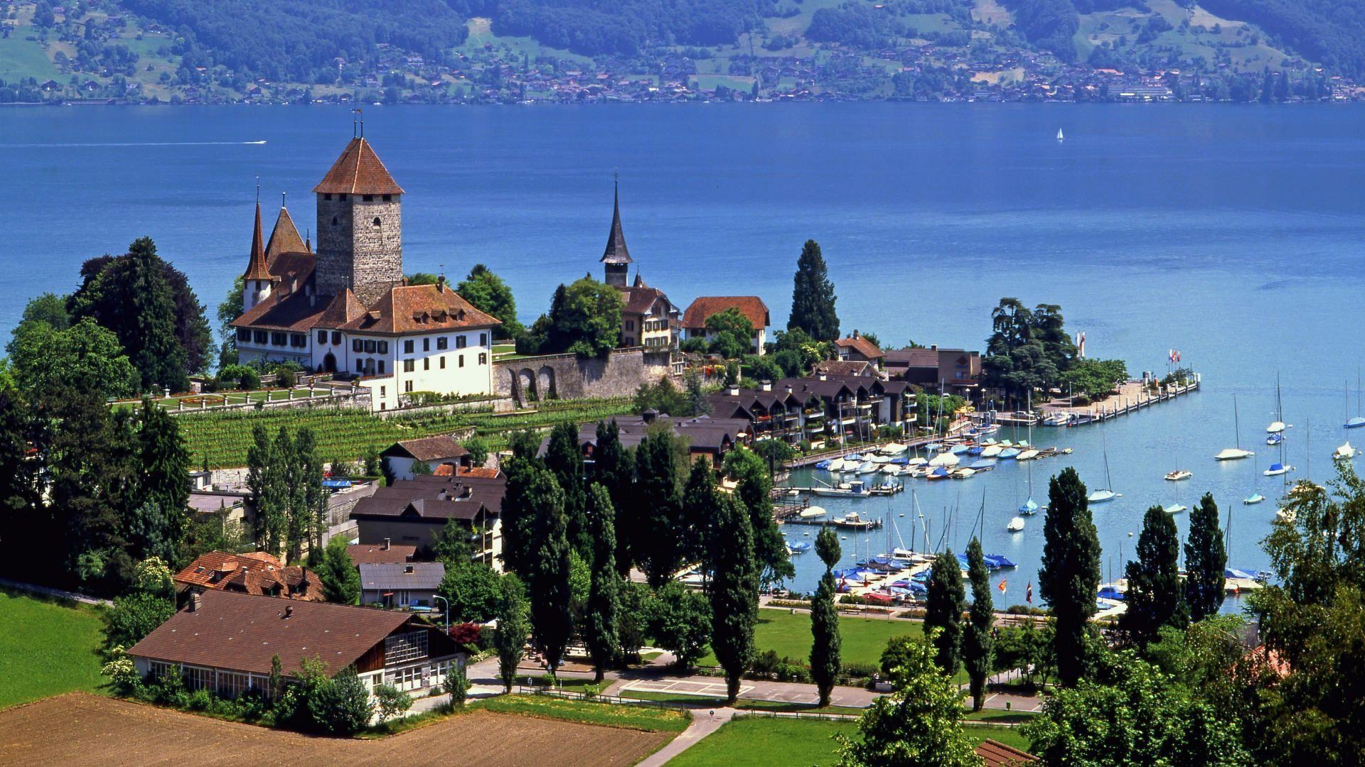 1920x1080 Spiez castle lake thun switzerland wallpaper Stock Free Image, Desktop