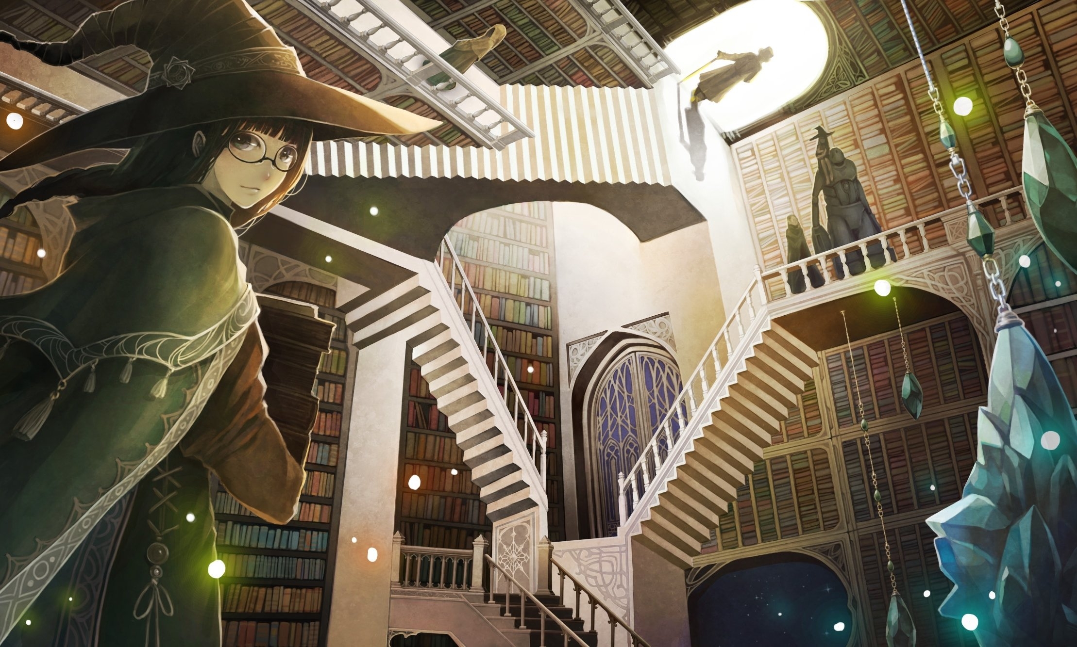 2220x1340 Wallpaper Anime Girl, Witch, Books, Fantasy, Library, Stairs:, Desktop