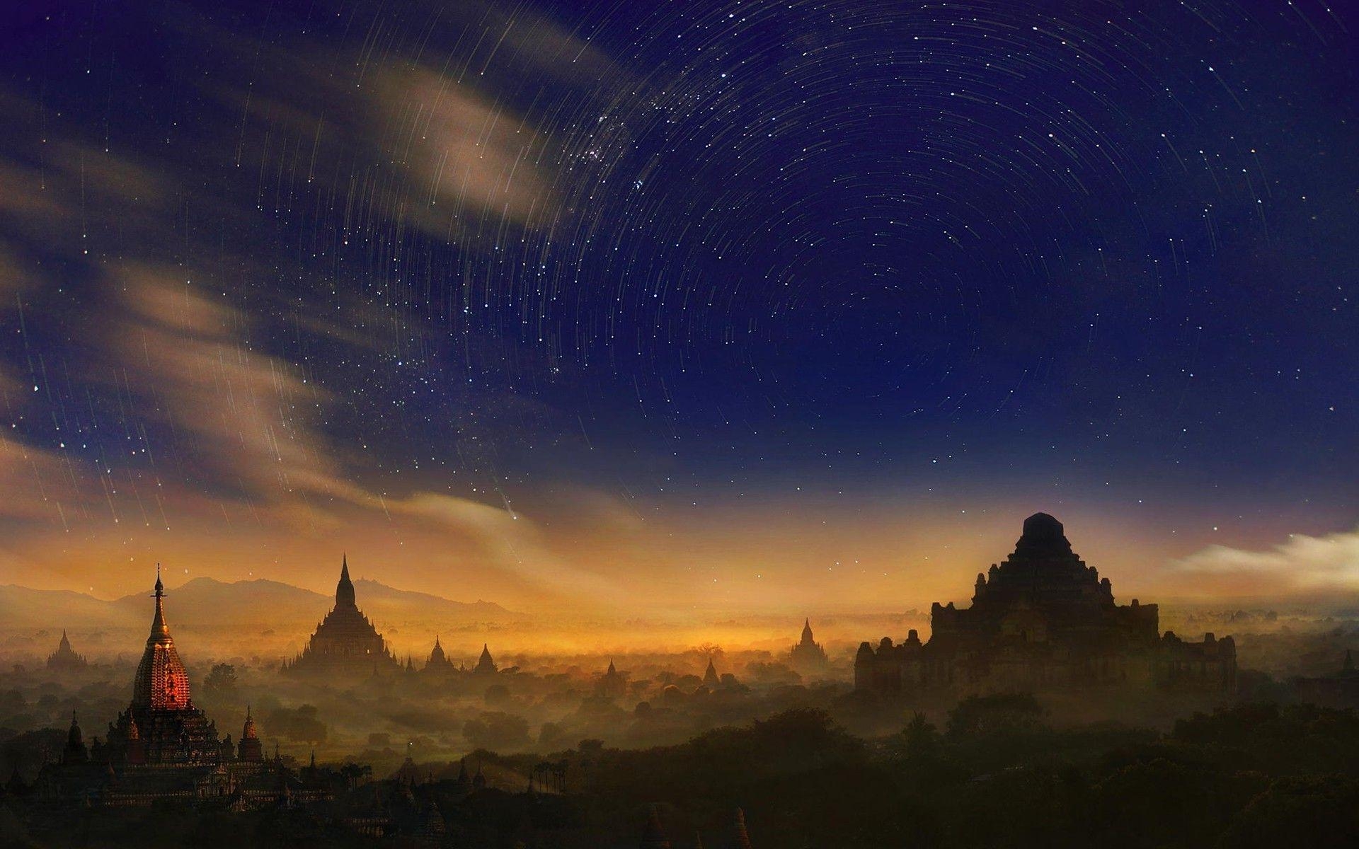 1920x1200 Weerapong Chaipuck, Bagan, Burma, Myanmar, Stars, Space, Sky, Long, Desktop