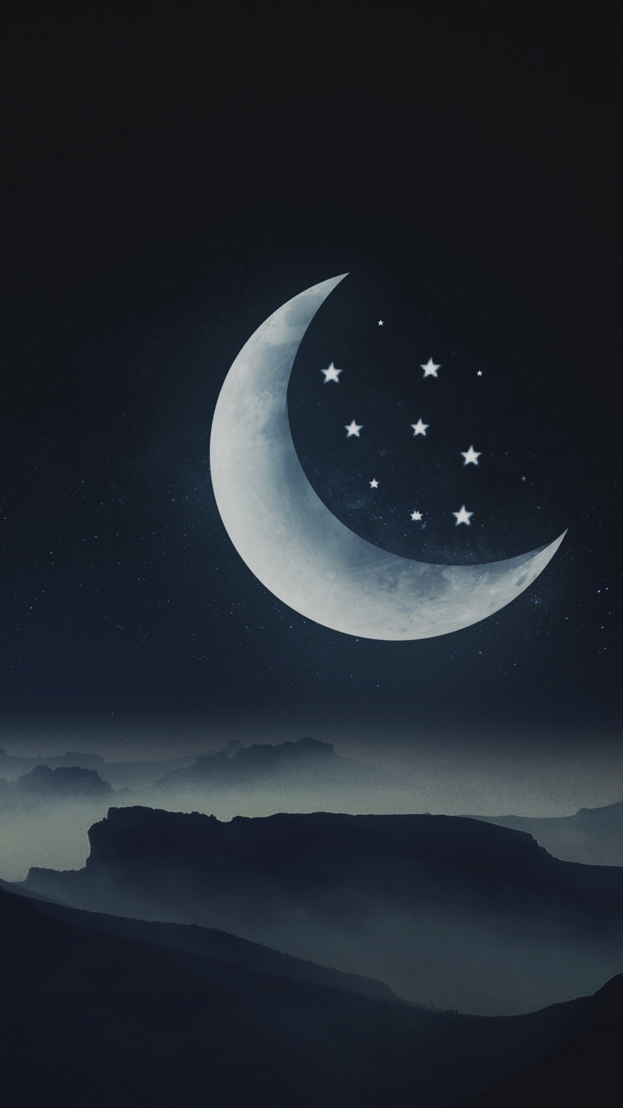 1250x2210 Half moon Wallpaper 4K, Stars, Mountains, Night, Cold, Phone