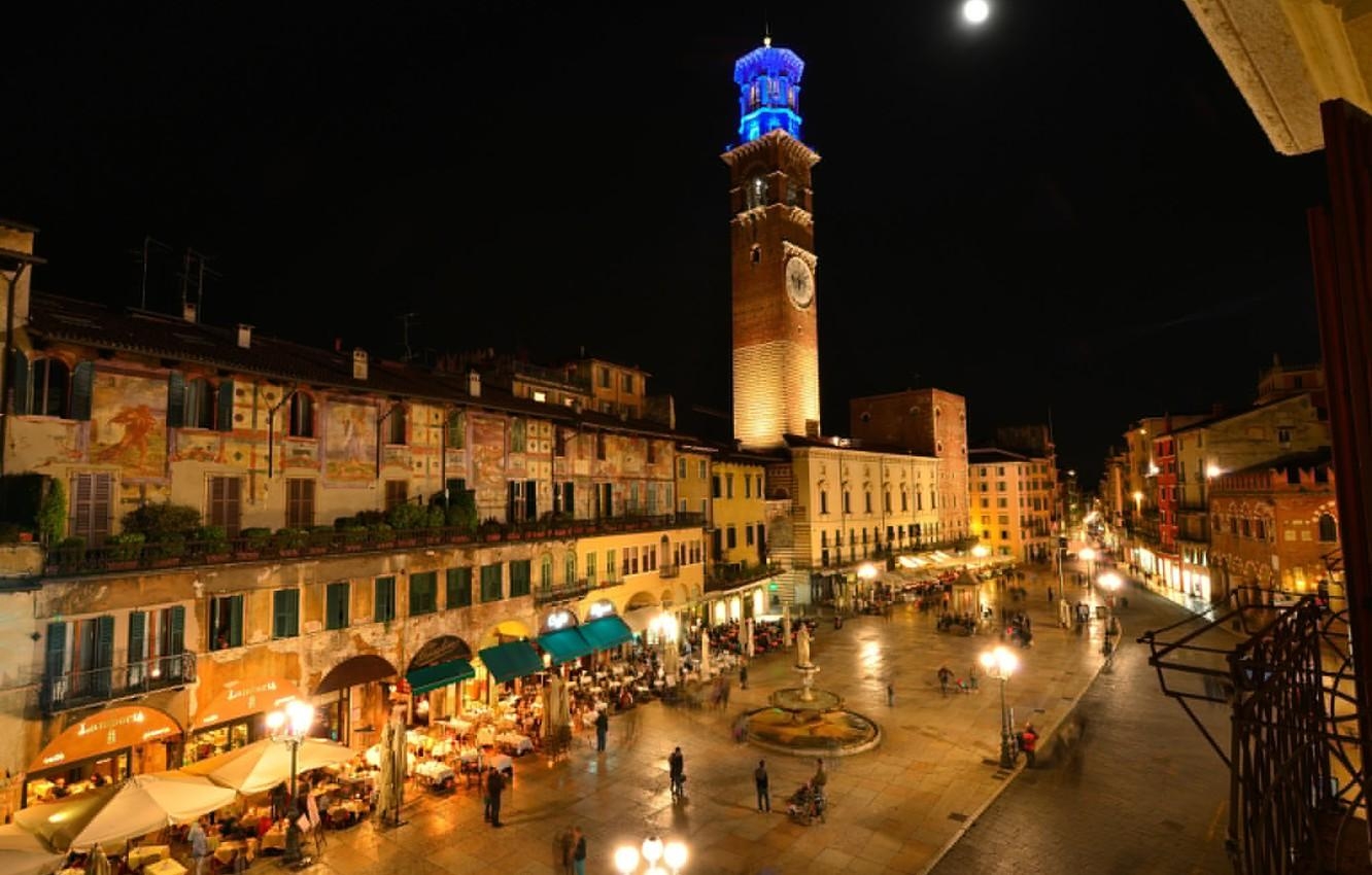 1340x850 Wallpaper night, lights, tower, home, area, Italy, Verona image, Desktop