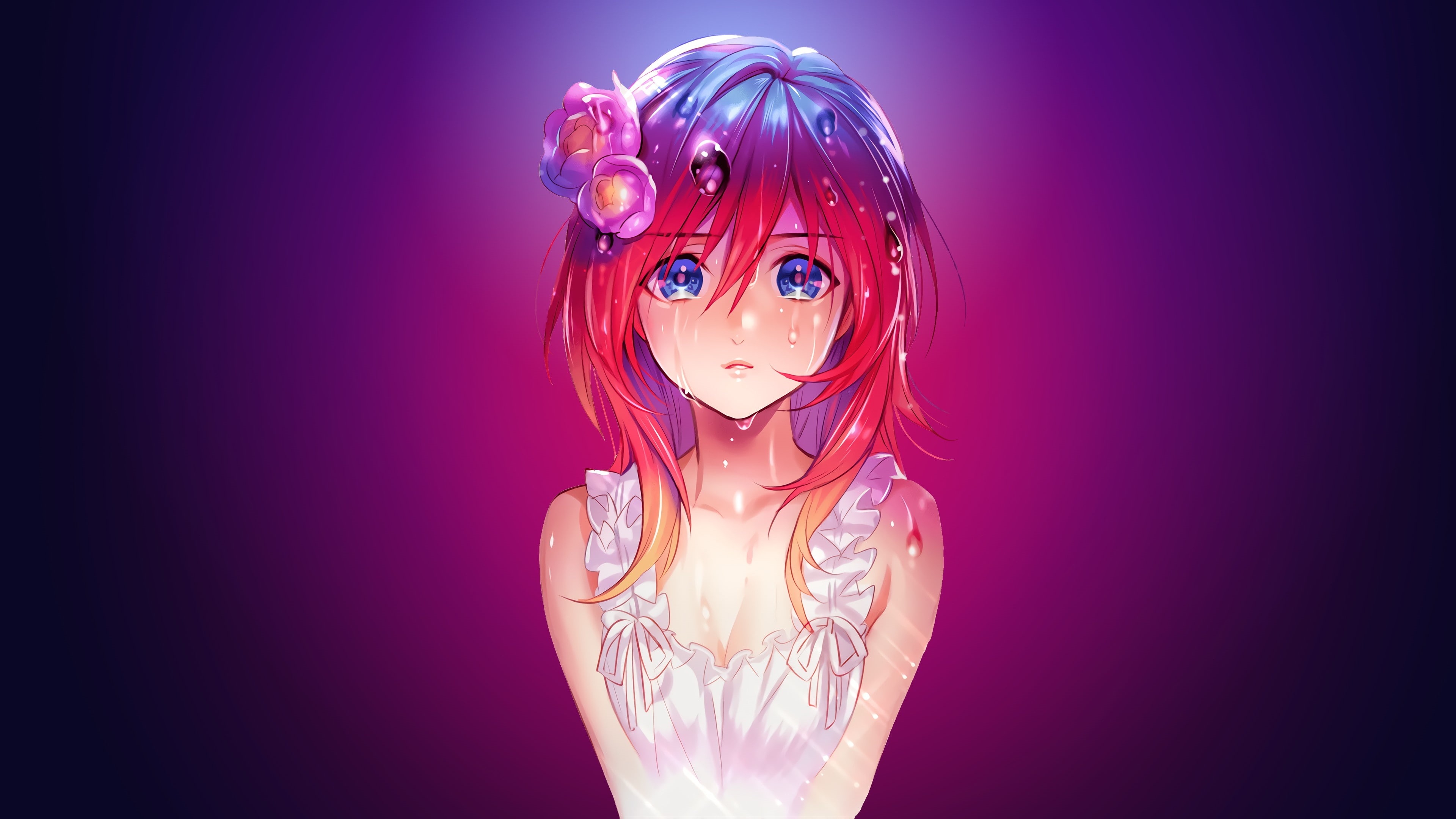 3840x2160 Wallpaper / anime art, mangaka, illustration, blue eyes, sad, 4K, purple, feeling, sad girl, long hair, cry, anime girl, red hair free download, Desktop