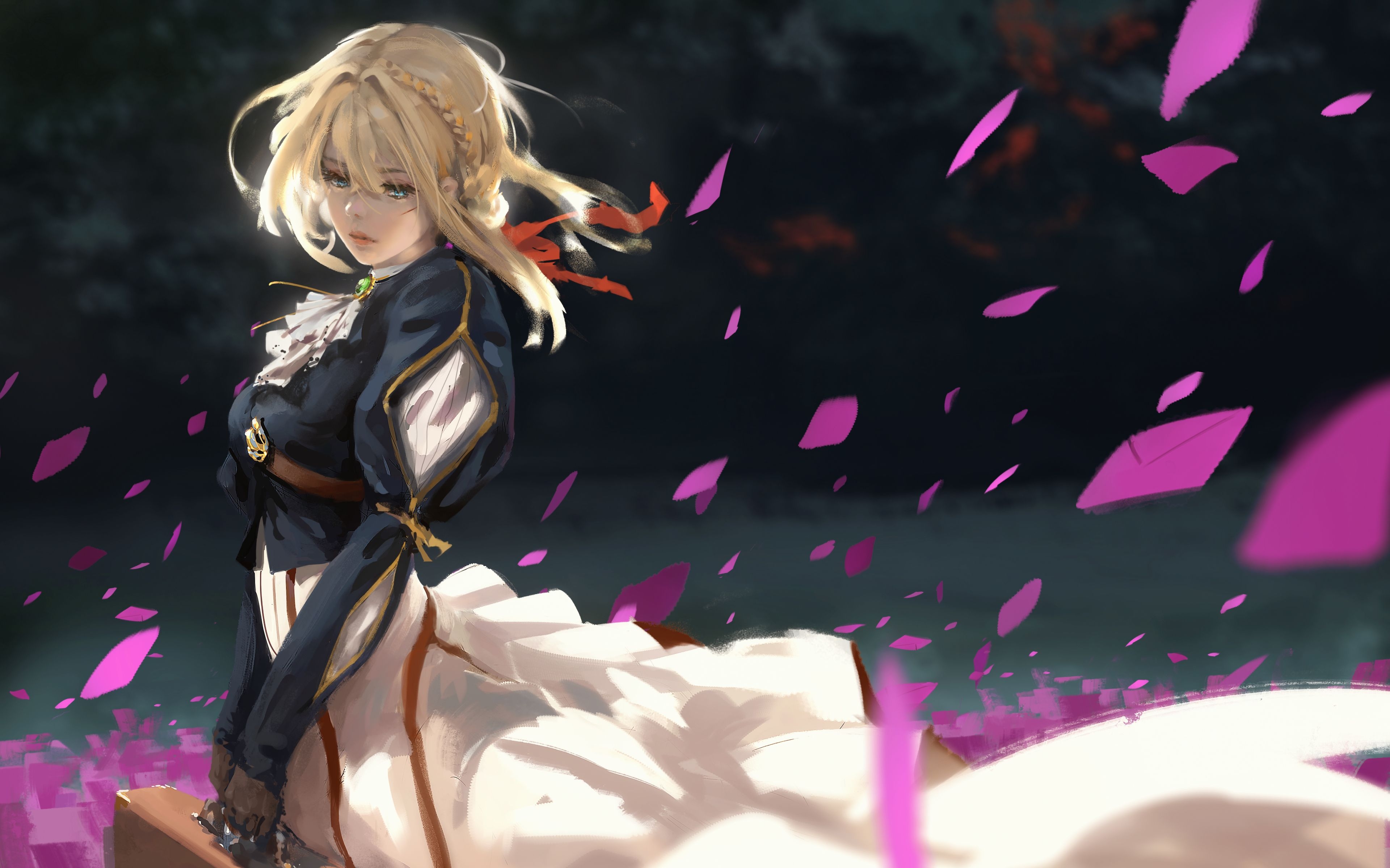 3840x2400 Download wallpaper Violet Evergarden, 4k, purple letters, warrior, Desktop