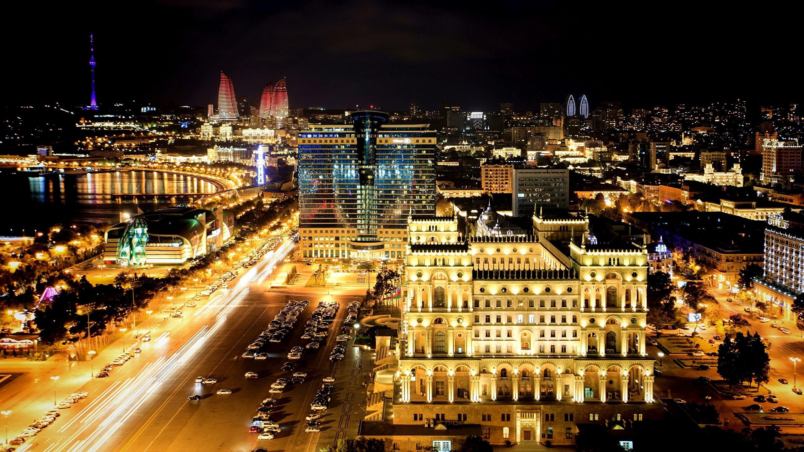 2560x1440 Wallpaper Baku Azerbaijan night time Cities Building, Desktop