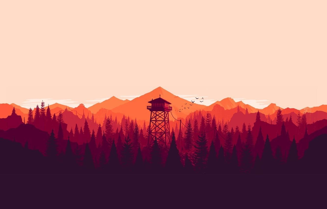 1340x850 Wallpaper forest, sunset, mountains, birds, tower, the long dark, Desktop