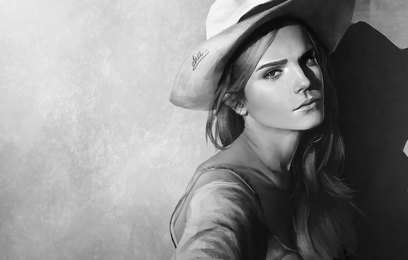 1340x850 Wallpaper background, figure, portrait, hat, art, black and white, Emma Watson, Emma Watson image for desktop, section живопись, Desktop