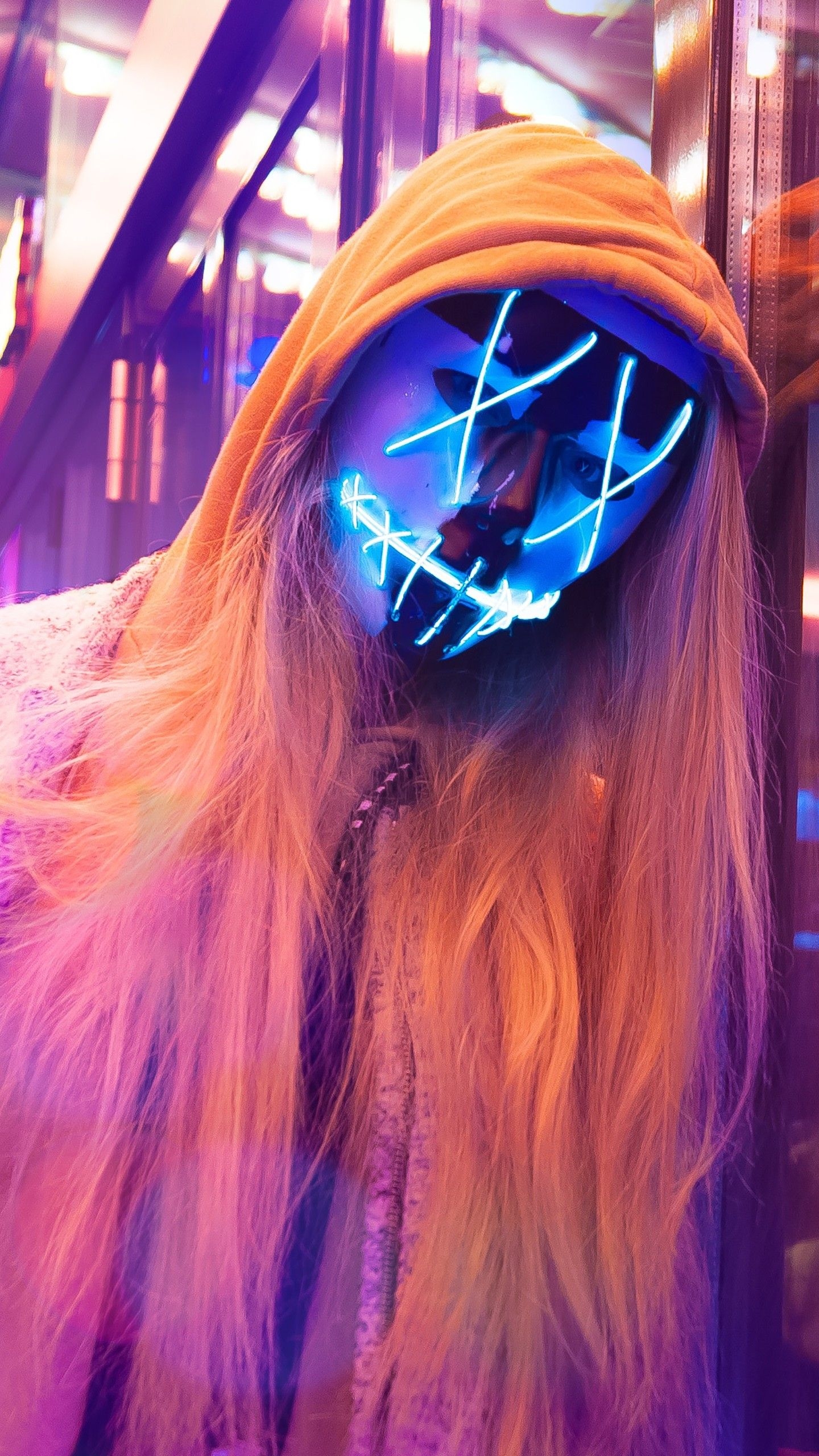 1440x2560 Neon Mask Wallpaper Girl, Phone