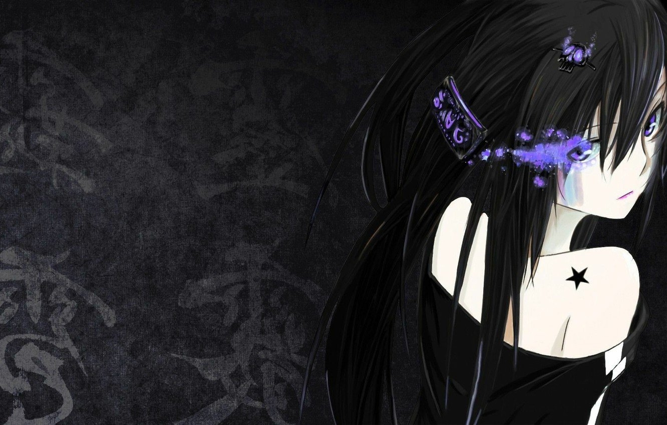 1340x850 Wallpaper girl, the dark background, star, brunette, characters, girl, star, brunette, anime art, dark background, hieroglyphs, anime art image for desktop, section арт, Desktop