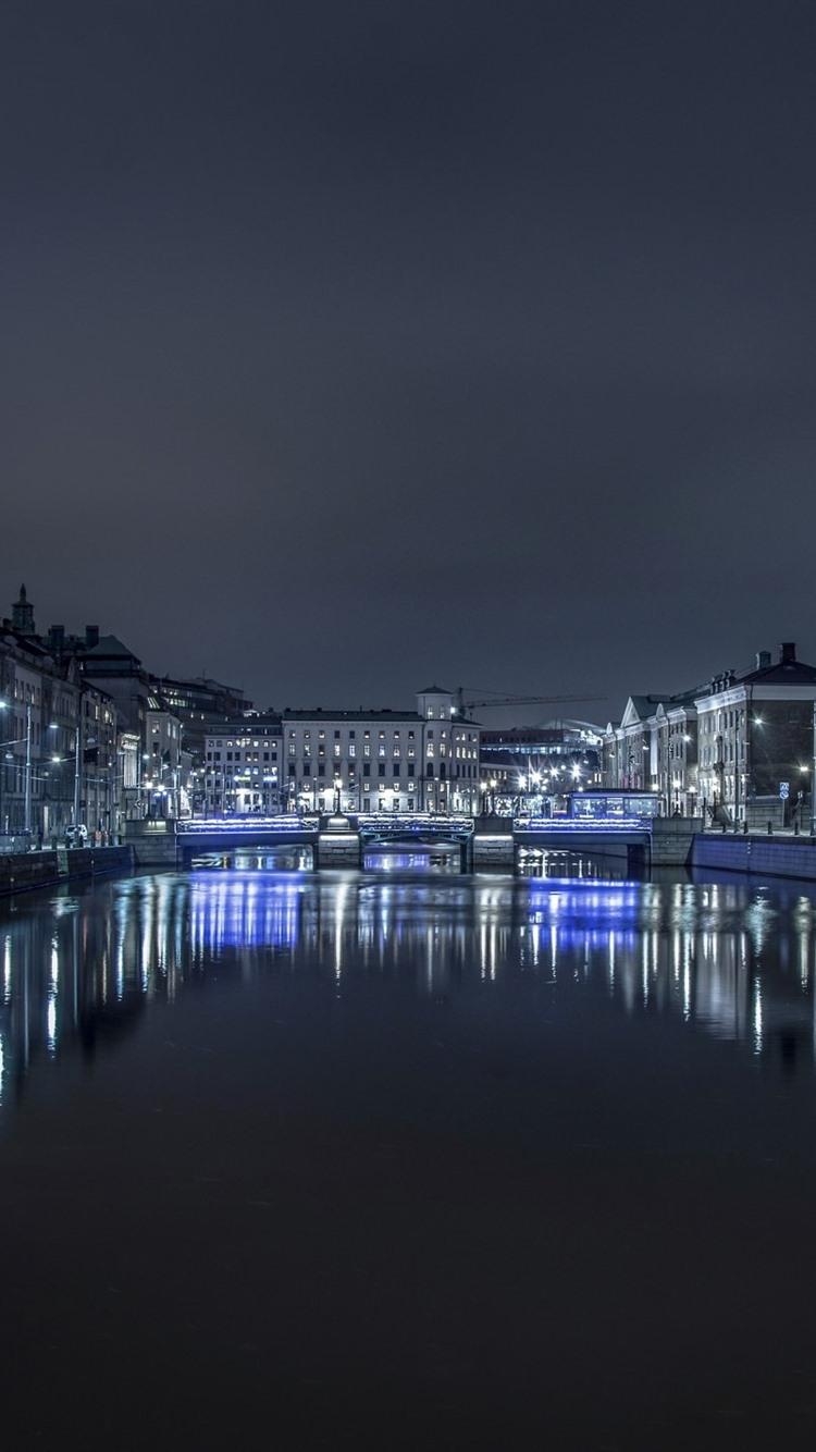 750x1340 Sweden, Gothenburg, night, river, buildings, illumination, Phone