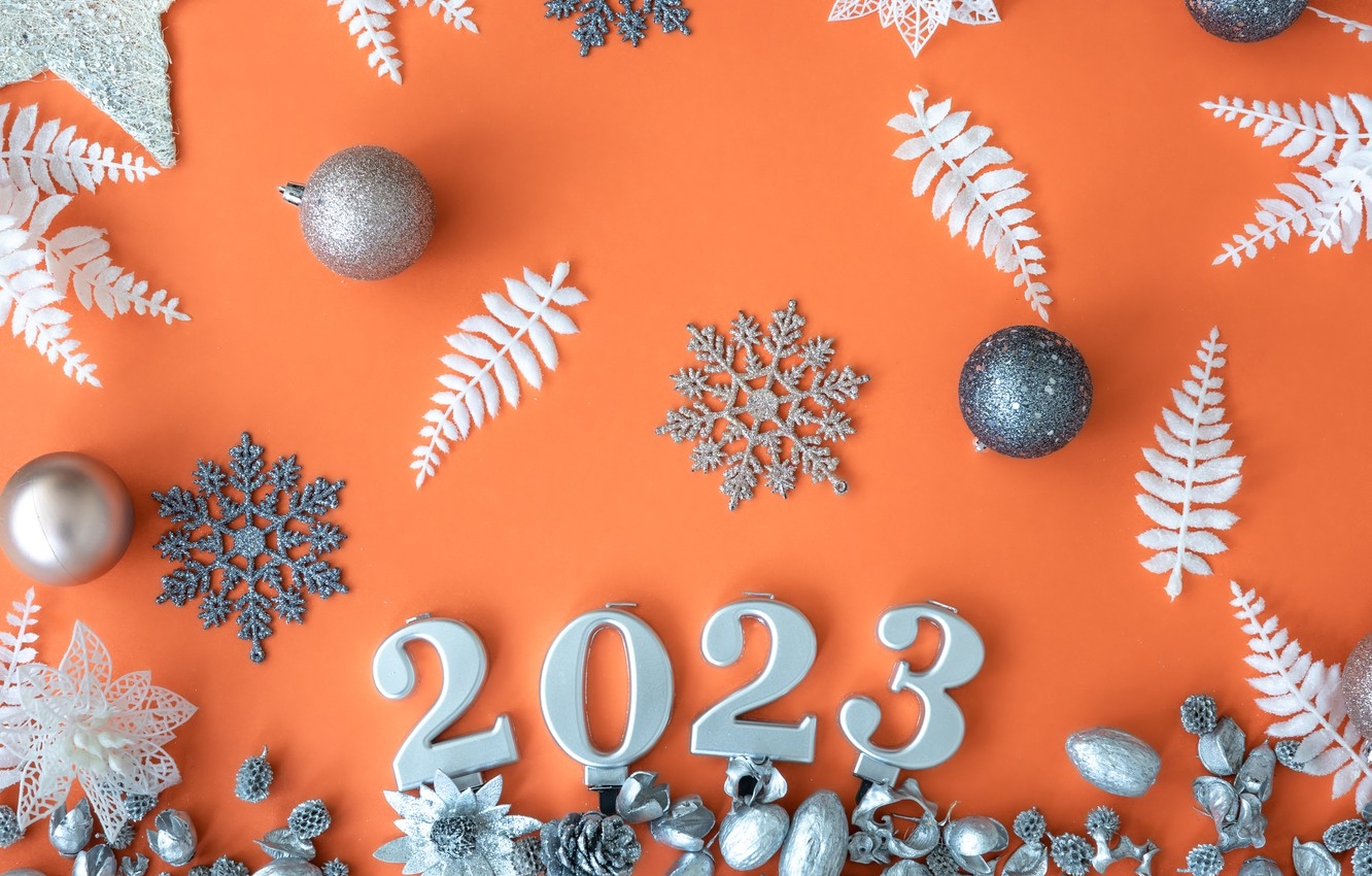 1340x850 Wallpaper figures, New year, orange background, date, Новый 2023 год image for desktop, section новый год, Desktop