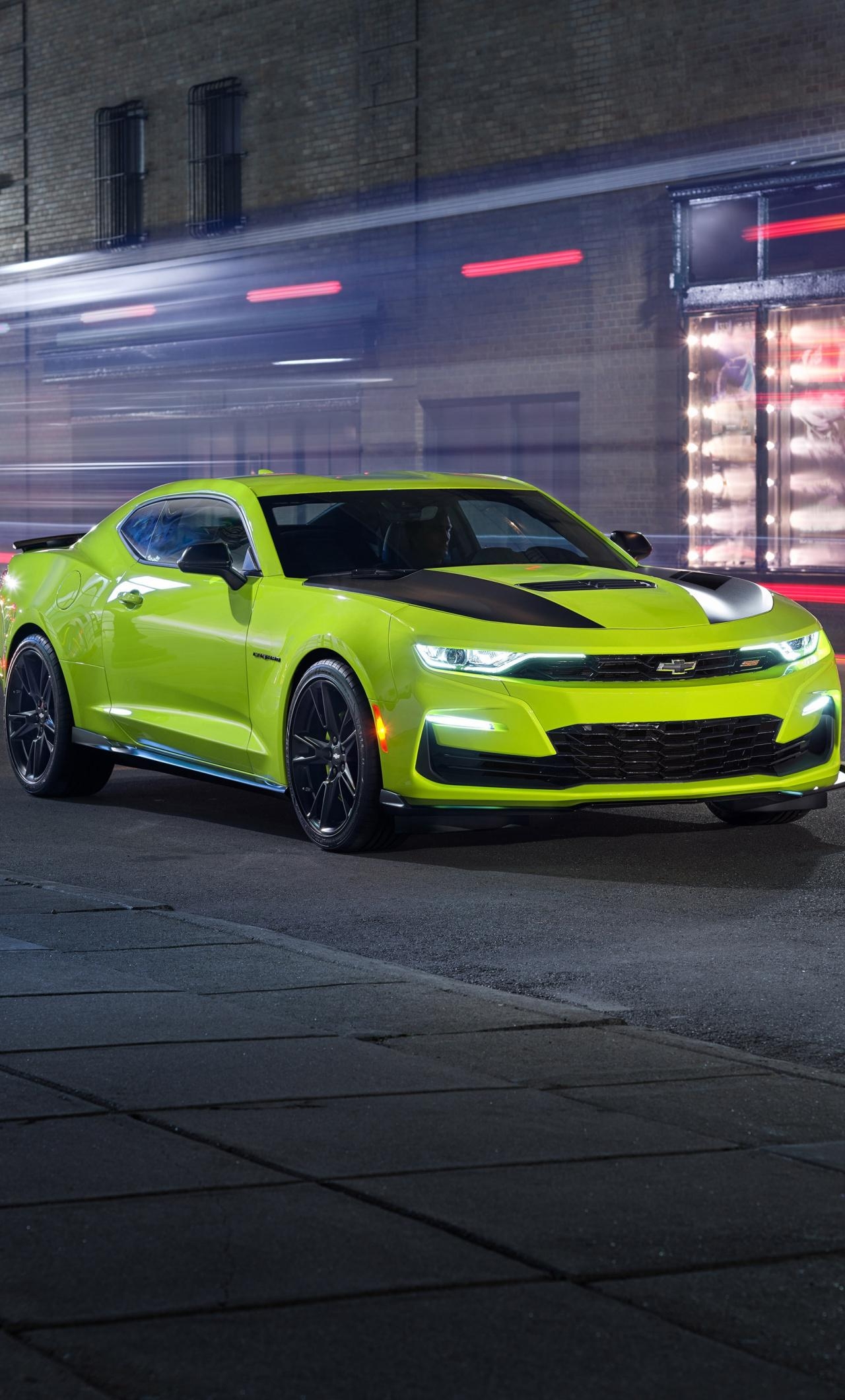 1280x2120 Download Green, Chevrolet Camaro SS, motion blur wallpaper, Phone