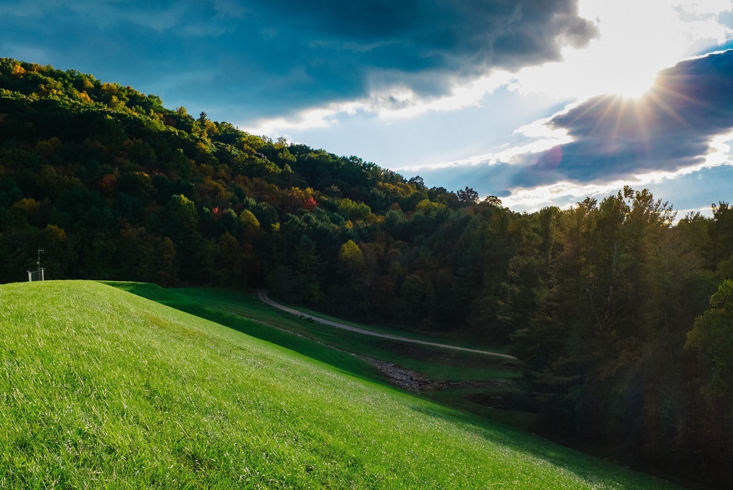 2480x1660 Download  Field, Sunlight, Clouds, Trees, Grass, Hill, Desktop