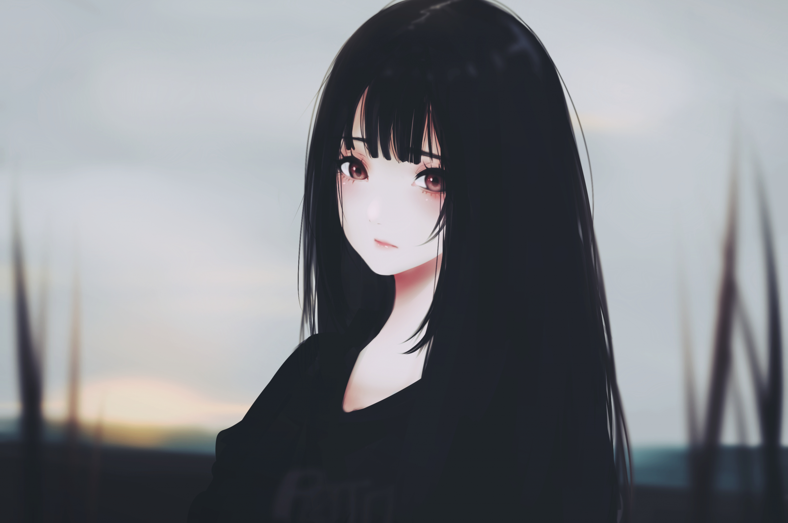 2560x1700 Download  Anime Girl, Black Hair, Sad Expression, Semi, Desktop