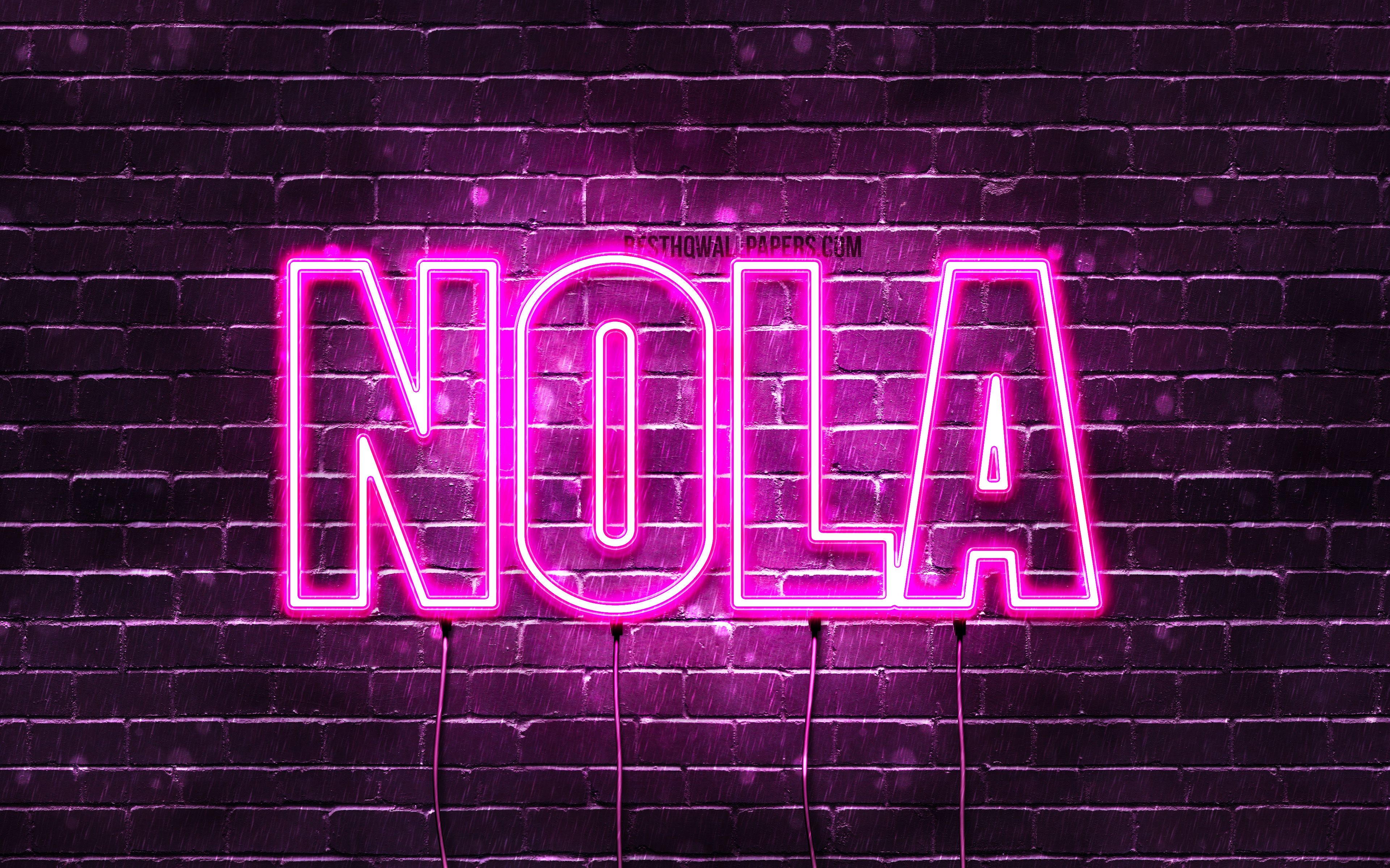 3840x2400 Download wallpaper Nola, 4k, wallpaper with names, female names, Nola name, purple neon lights, horizontal text, picture with Nola name for desktop with resolution. High Quality HD picture wallpaper, Desktop