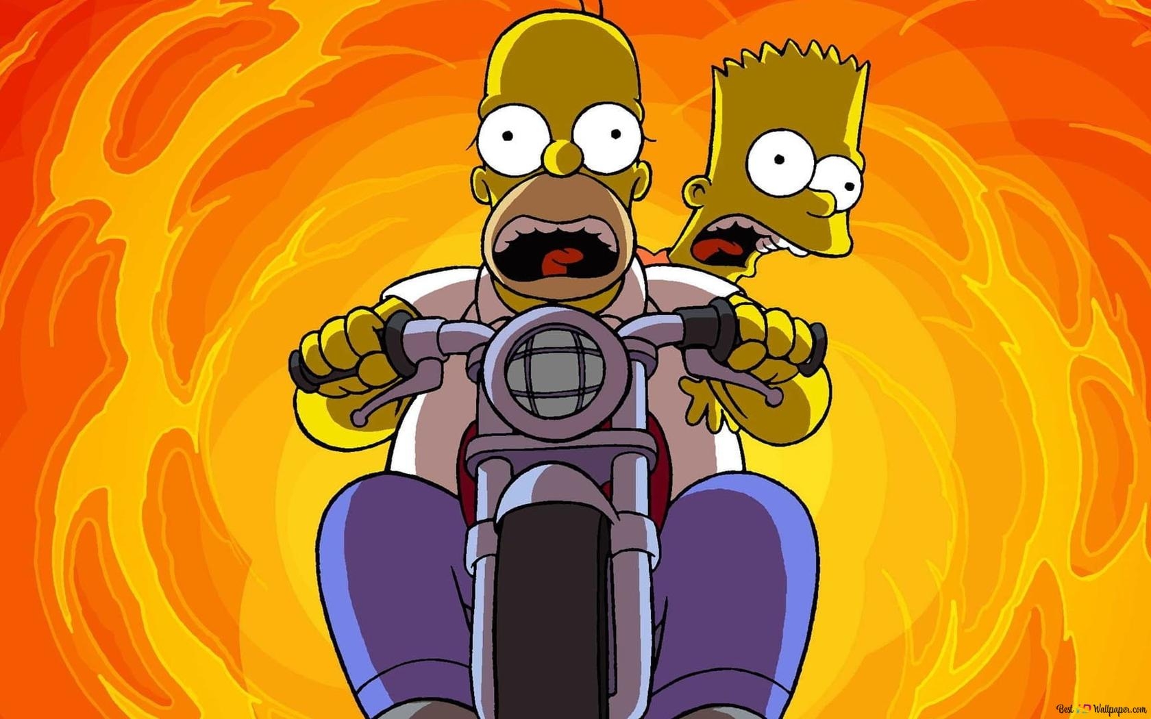 1680x1050 Simpsons cartoon characters Homer Simpson and Bart Simpson look worried on a motorcycle HD wallpaper download, Desktop