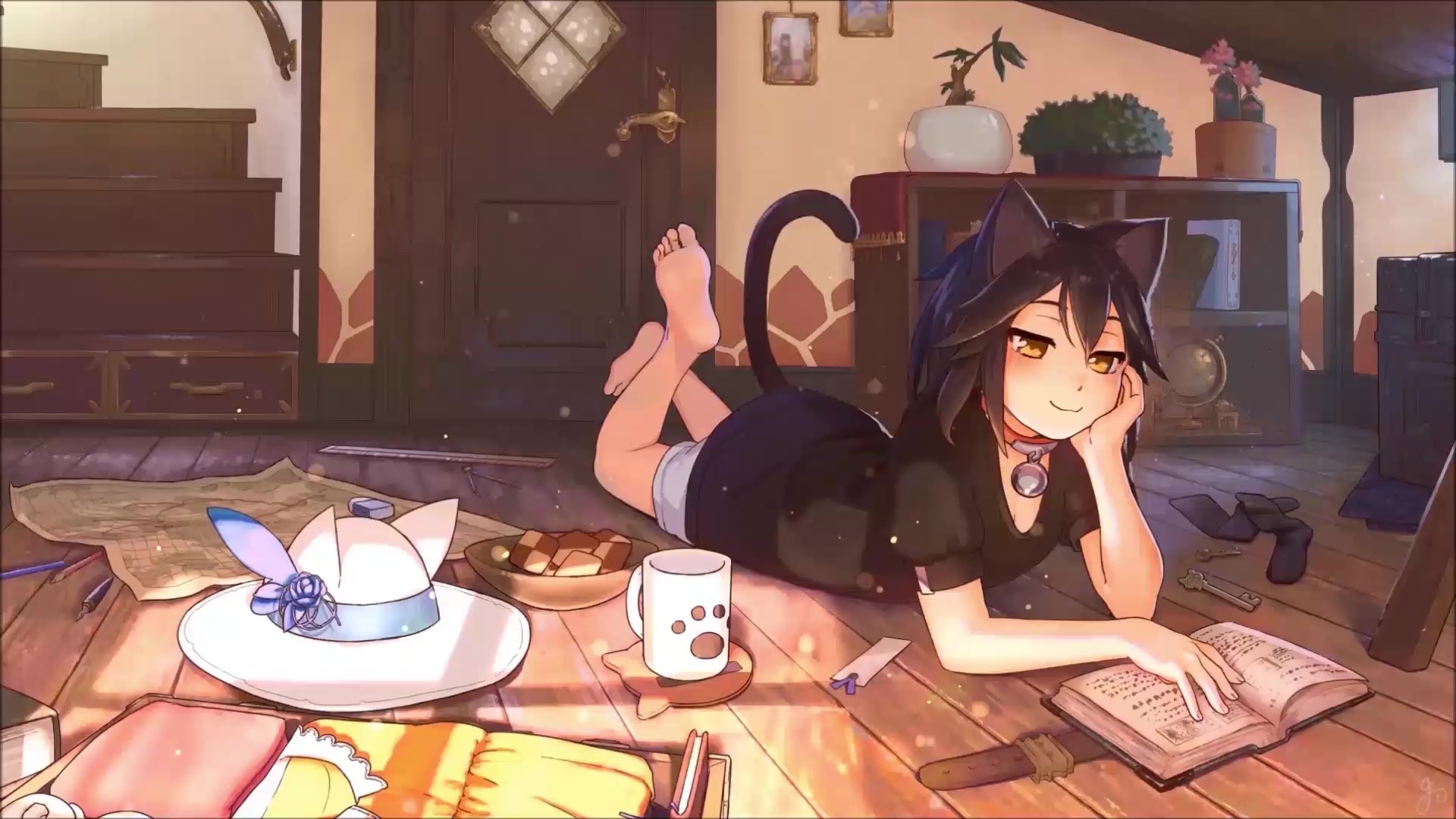 1920x1080 Neko Girl Reading A Book Live Wallpaper, Desktop