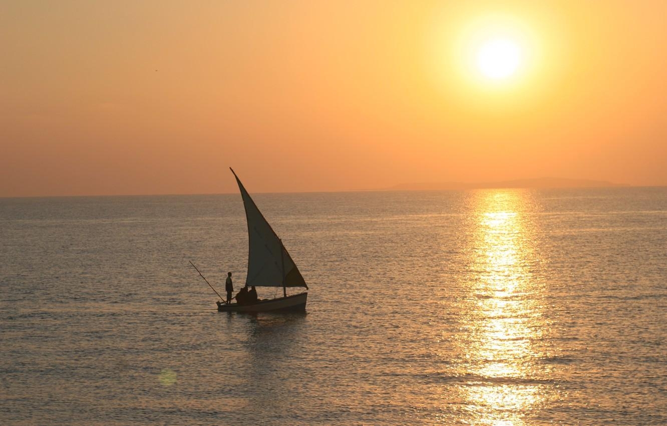 1340x850 Wallpaper the ocean, boat, morning, sail, fishermen, sunset, Desktop