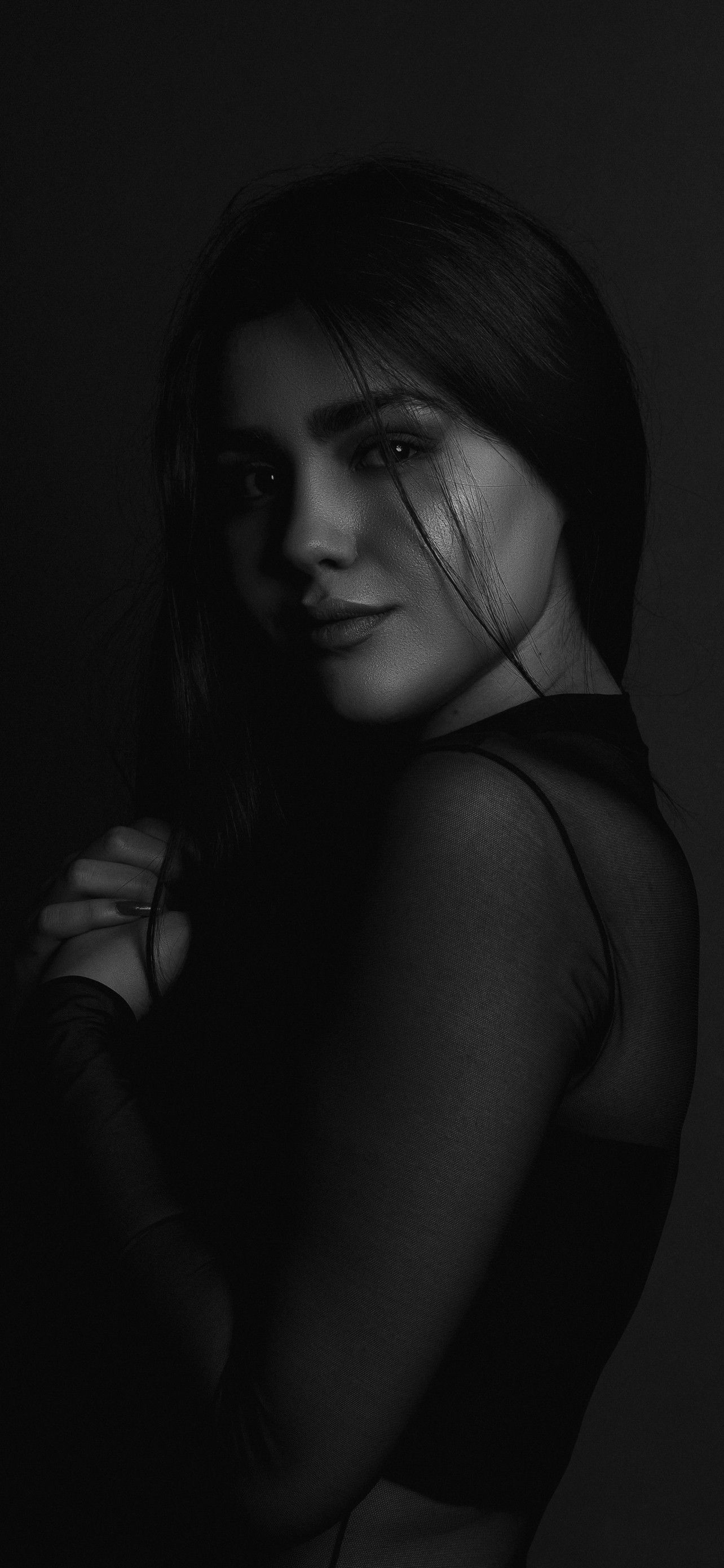 1290x2780 Beautiful Girl 4K Wallpaper, Woman, Monochrome, Dark, Portrait, Black Dark, Phone