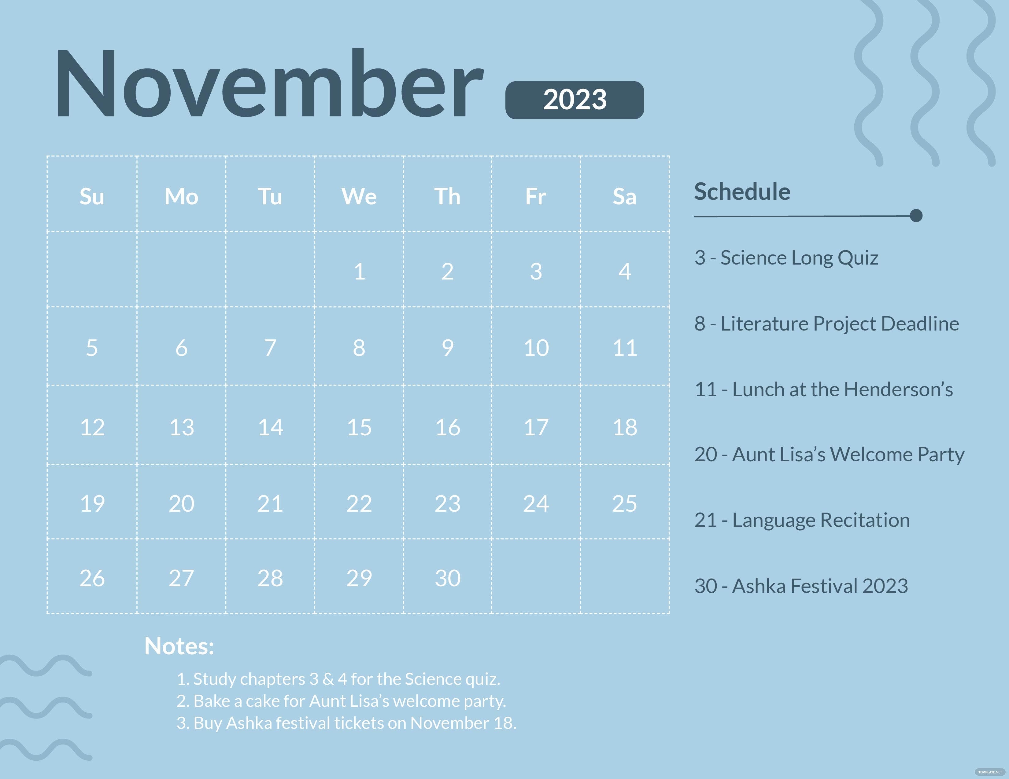 3300x2550 Blue November 2023 Calendar , Google Docs, Google Sheets, Illustrator, JPG, Excel, Word, SVG, Desktop