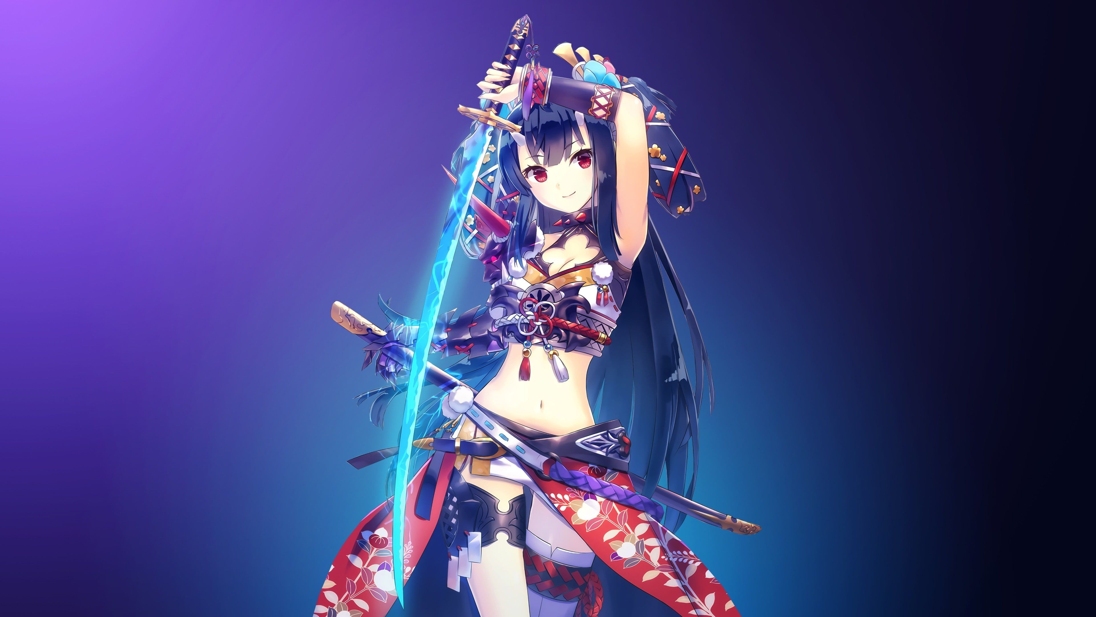 3840x2160 anime anime girls red eyes #gradient simple background blue hair long hair #sword K #wallpaper #hdwallp. Anime warrior girl, Anime warrior, HD anime wallpaper, Desktop