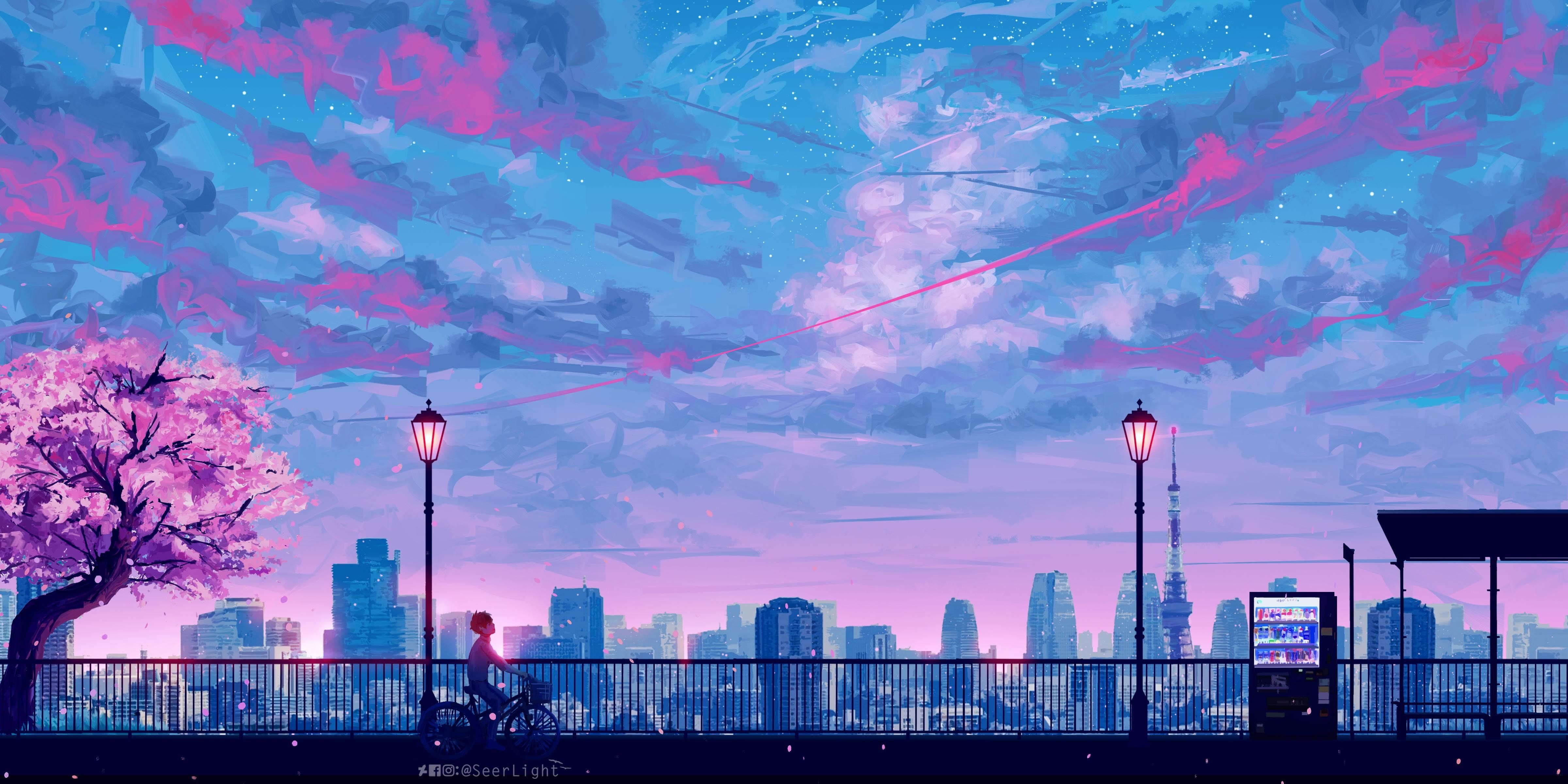 4800x2400 4k Wallpaper Anime City, Dual Screen