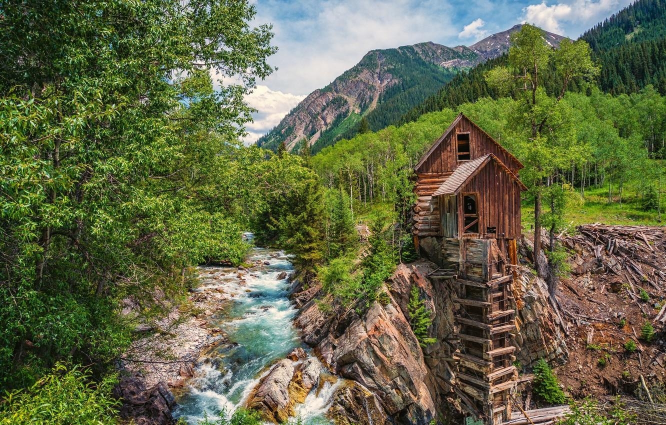 1340x850 Wallpaper forest, trees, mountains, river, Colorado, water, Desktop