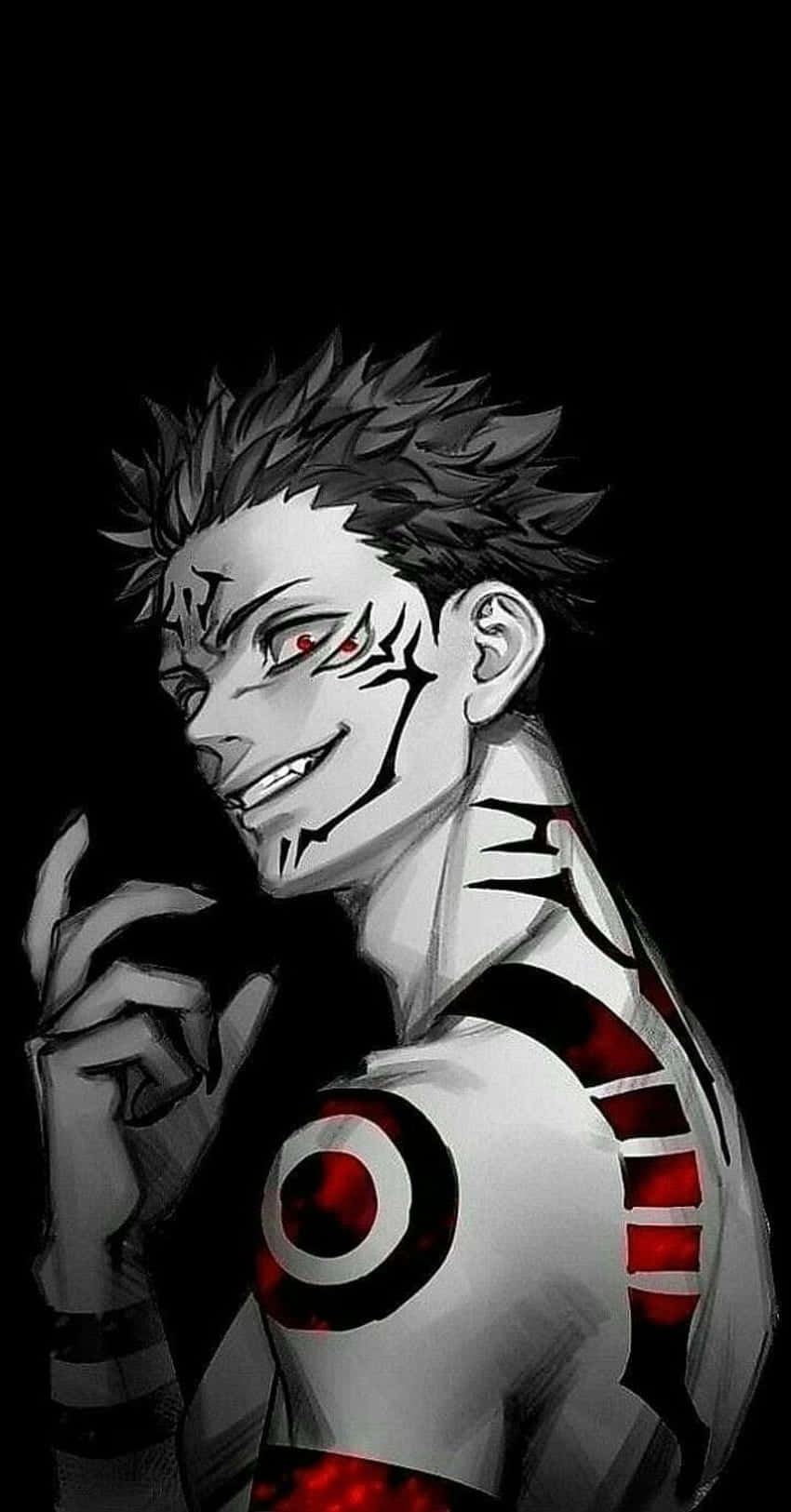 850x1630 Download A Black And White Image Of A Character With Red And White Tattoos Wallpaper, Phone