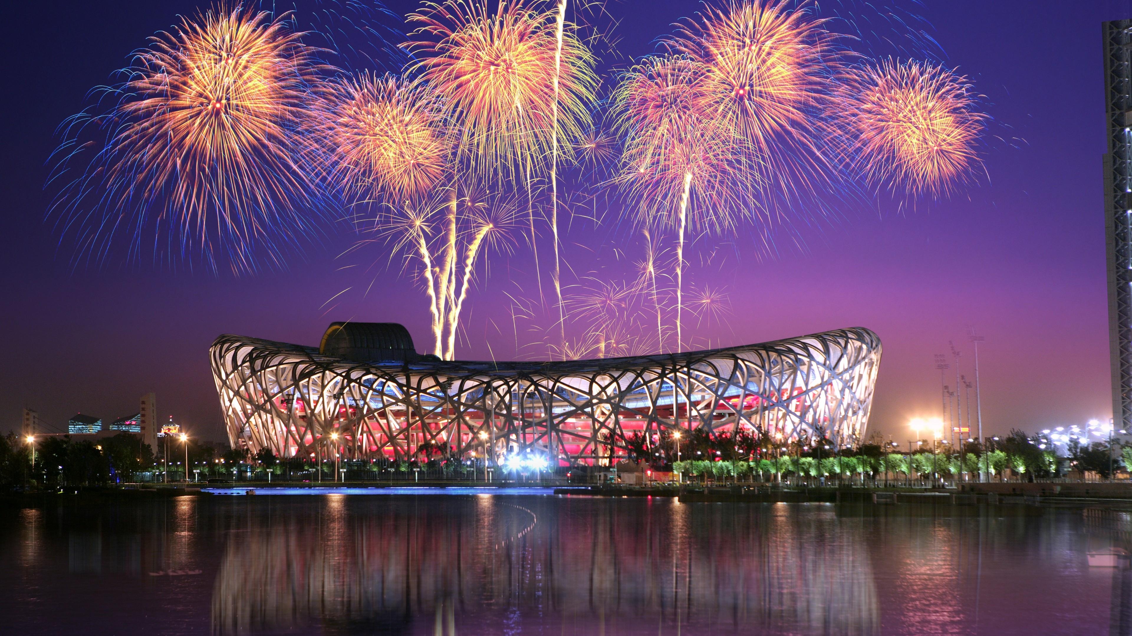 3840x2160 Wallpaper Bird's Nest, Beijing National Stadium, Fireworks, China, Desktop