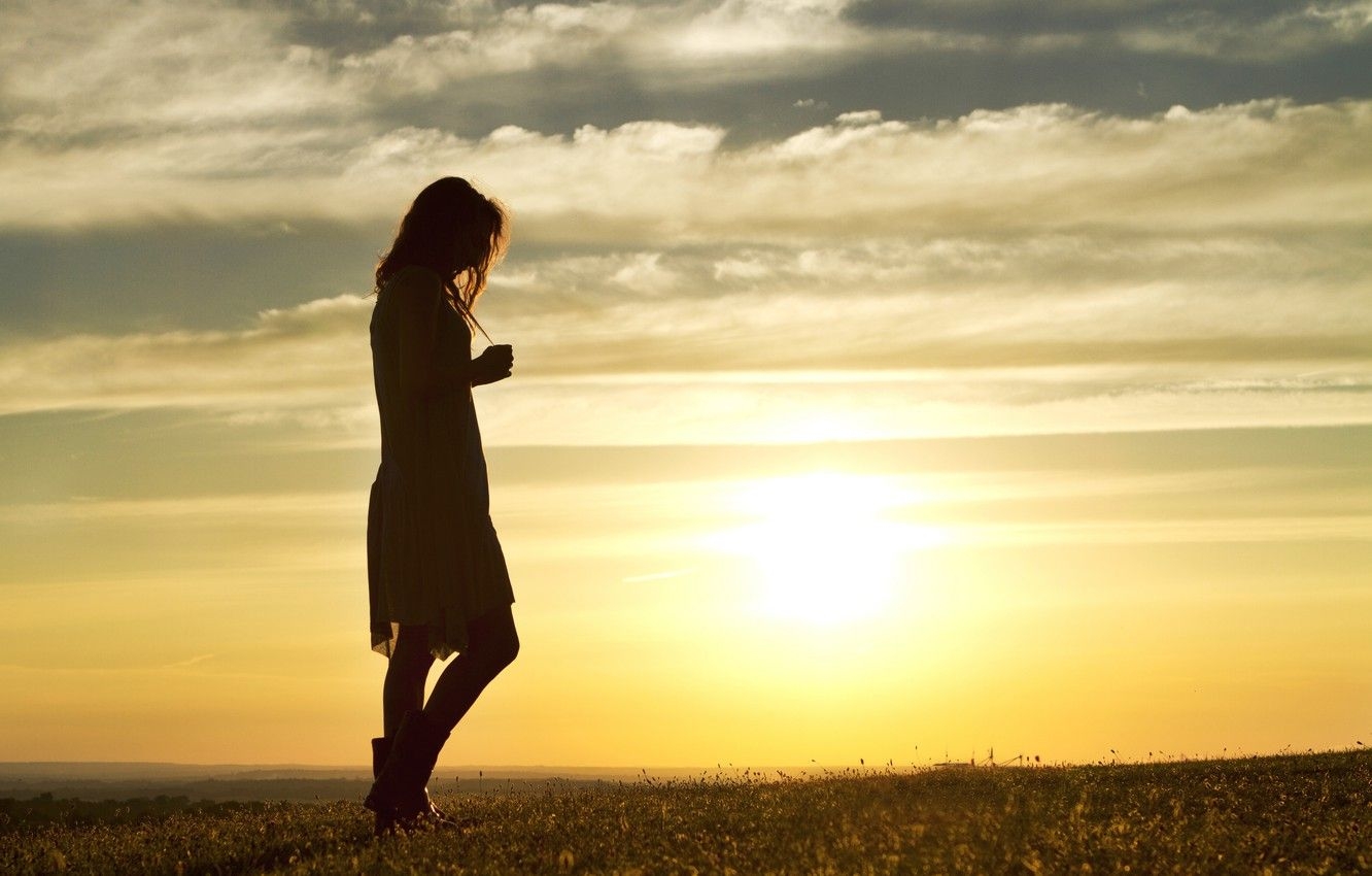 1340x850 Wallpaper field, girl, the evening, walking alone at sunset image, Desktop