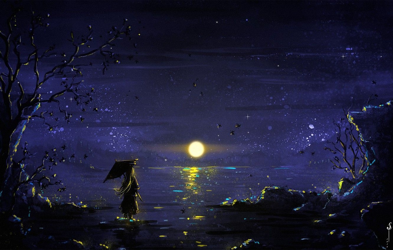 1340x850 Wallpaper girl, Moon, sky, trees, umbrella, night, art, lake, stars, reflection, digital art, artwork, illustration, painting art image for desktop, section арт, Desktop