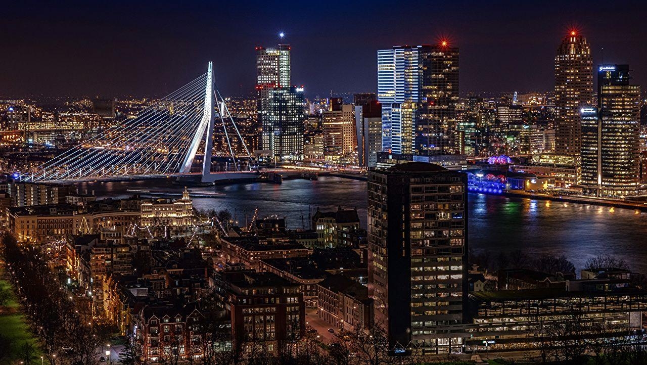 1280x730 Picture Rotterdam Netherlands Bridges Night Rivers Cities Houses, Desktop