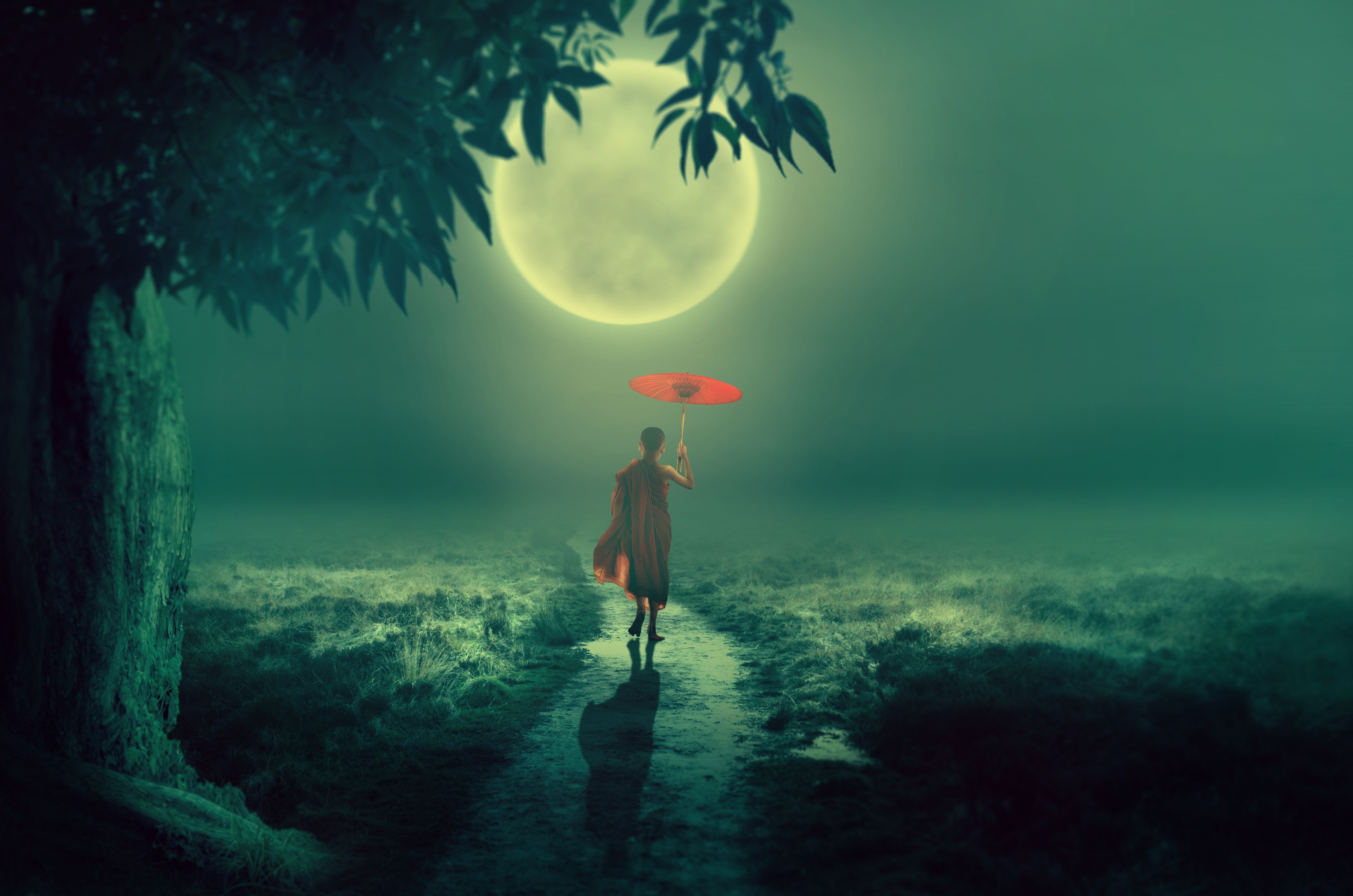 6580x4360 Download wallpaper  boy, monk, fog, moon, child, umbrella, buddhism HD background, Desktop