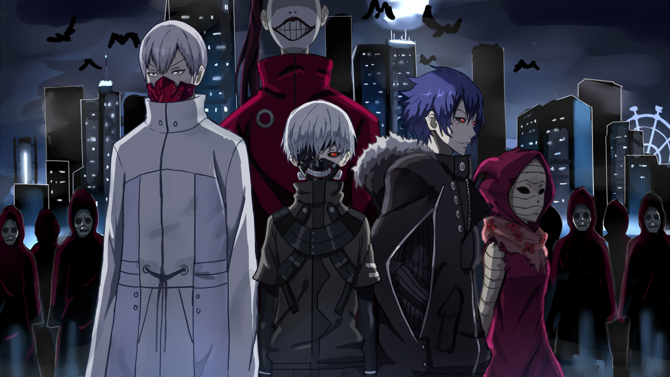 1370x770 Download  Tokyo Ghoul, Ken Kaneki, White Hair, Mask, Red, Desktop