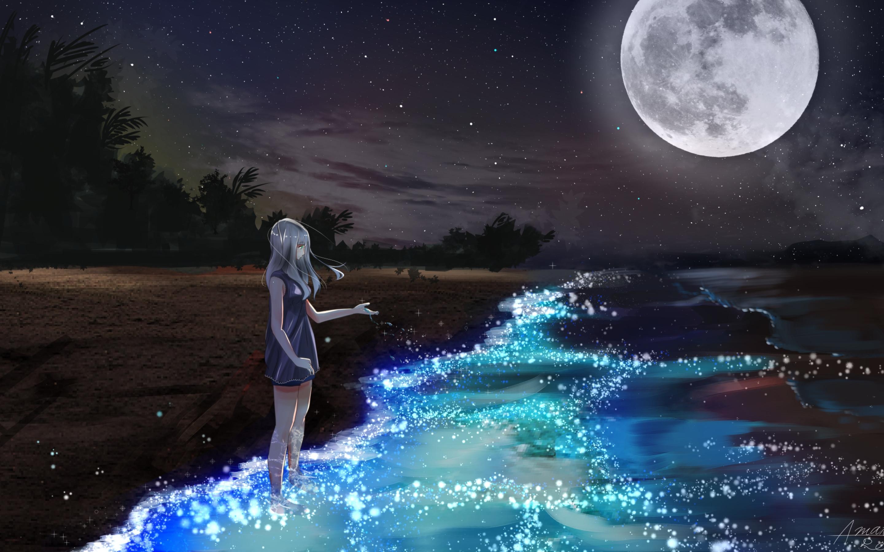 2880x1800 Anime Girl At Seashore Dark Moon Macbook Pro, Desktop