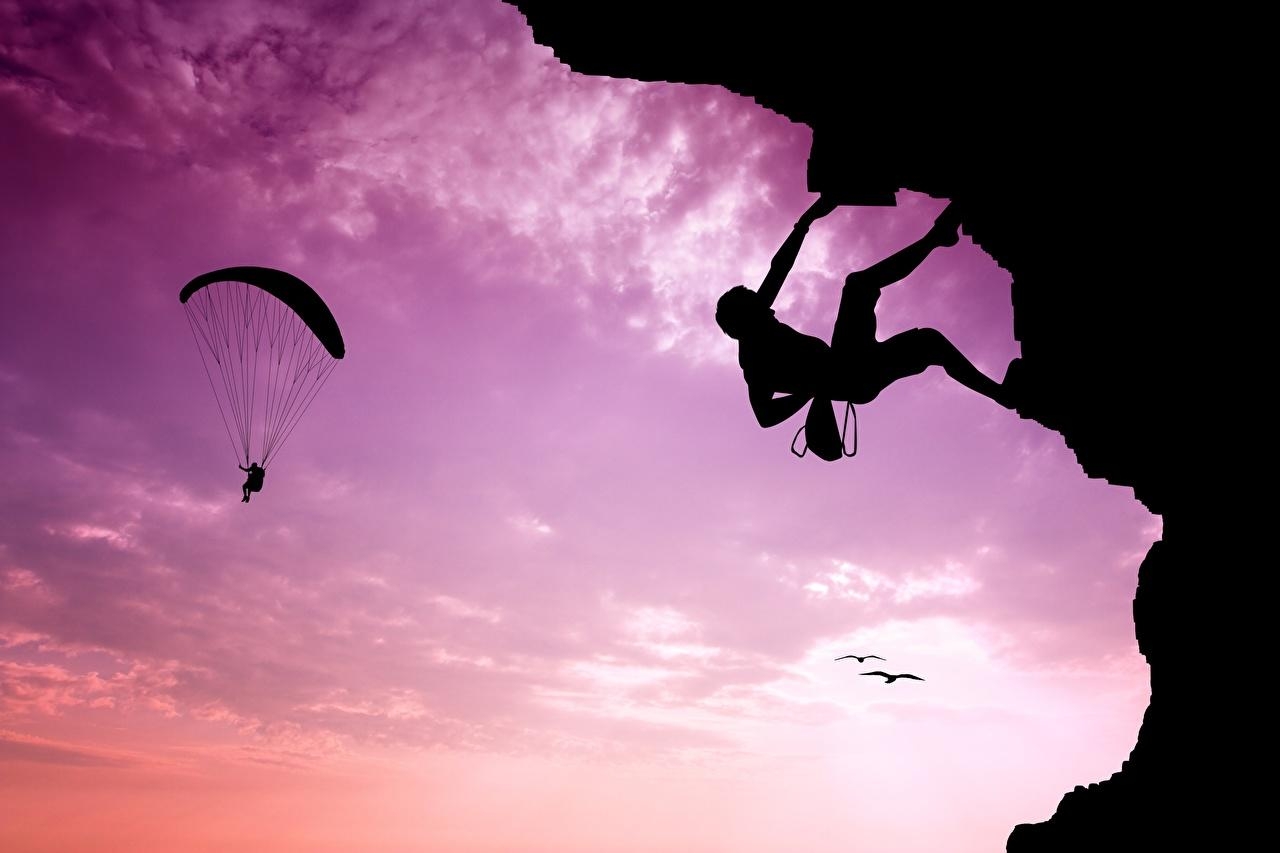 1280x860 Wallpaper Climber Silhouette Sport Mountaineering Parachuting, Desktop