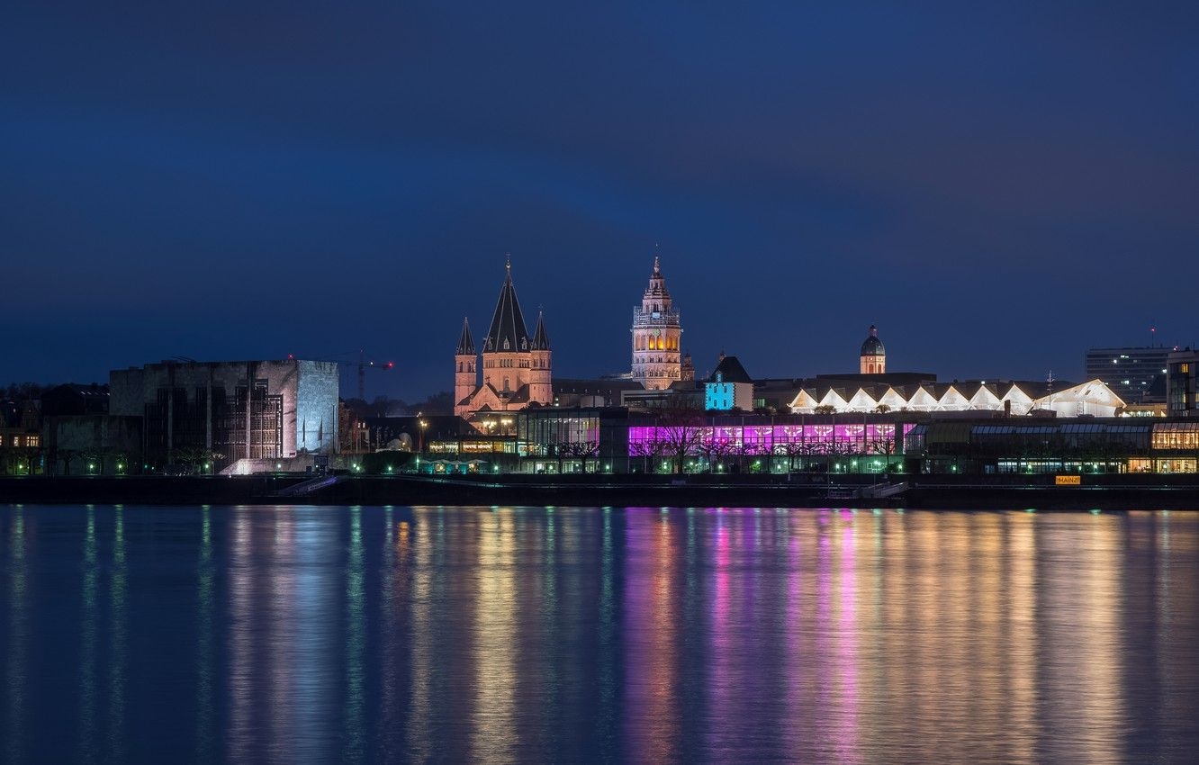 1340x850 Wallpaper night, lights, river, home, Germany, Church, promenade, Desktop