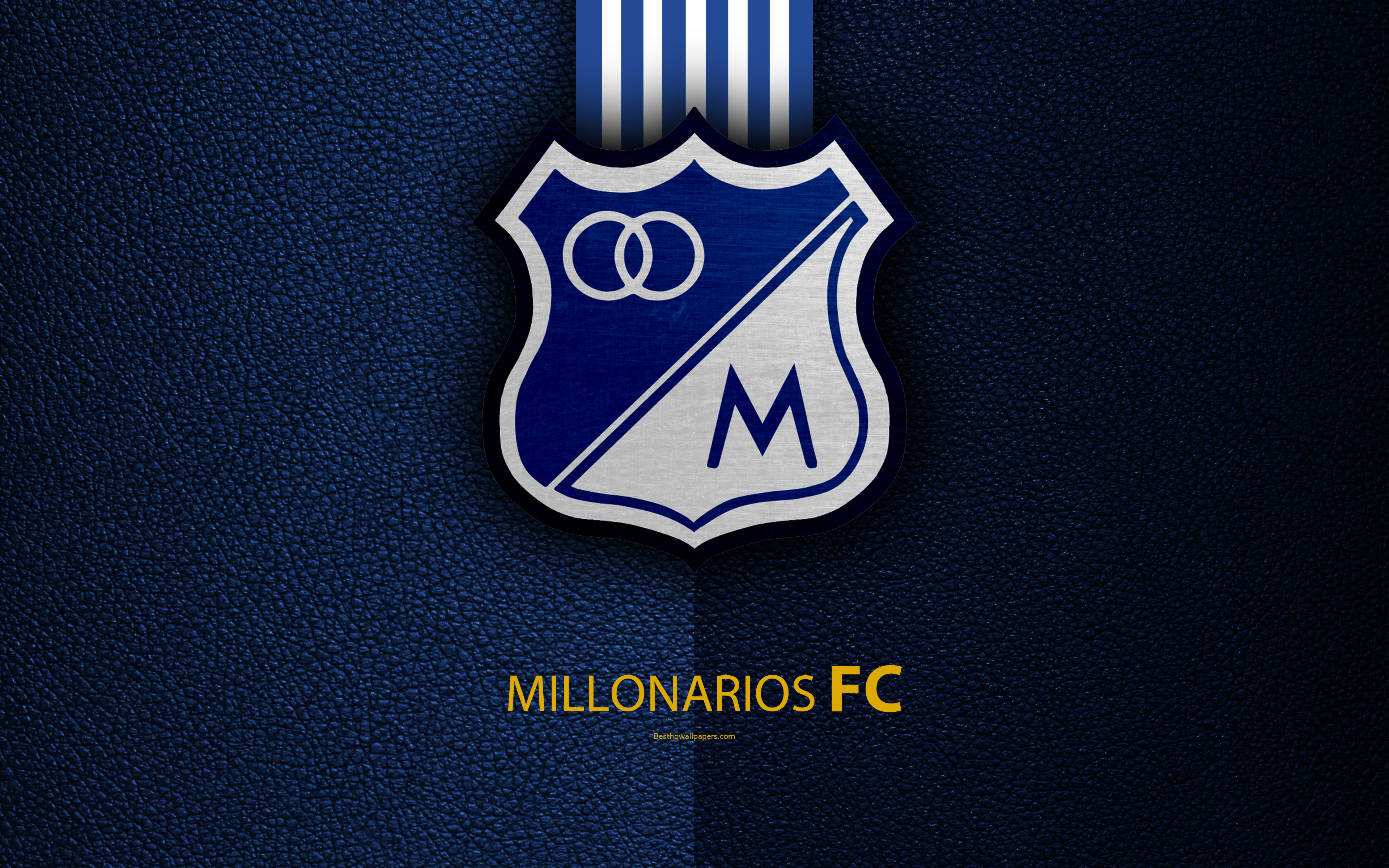 3840x2400 Download wallpaper Millonarios FC, 4k, leather texture, logo, blue white lines, Colombian football club, emblem, Liga Aguila, Categoria Primera A, Bogotá, Colombia, football for desktop with resolution. High Quality HD picture, Desktop