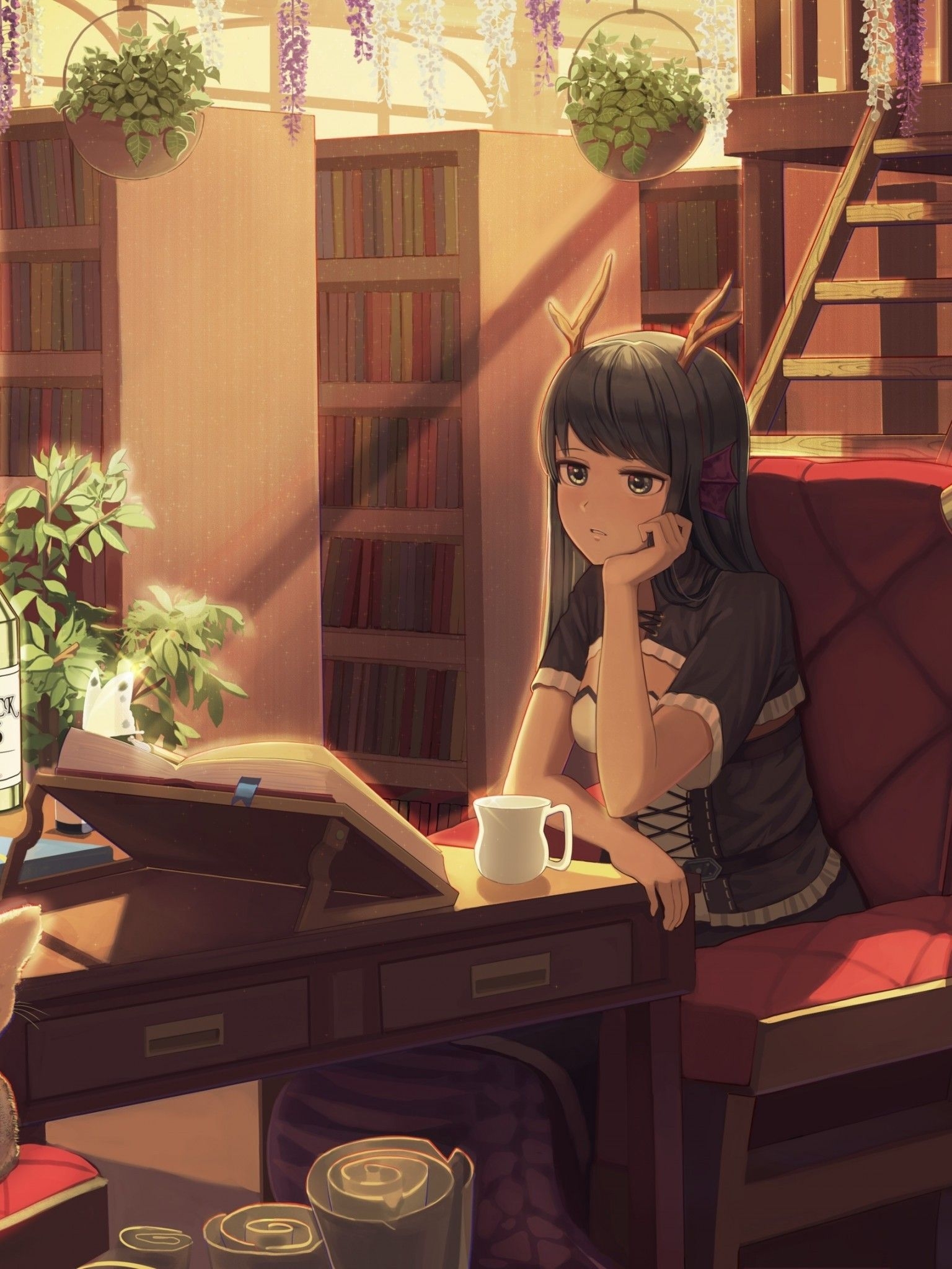 1540x2050 Anime Girl, Horns, Neko, Room, Books, Library, Studying, Phone