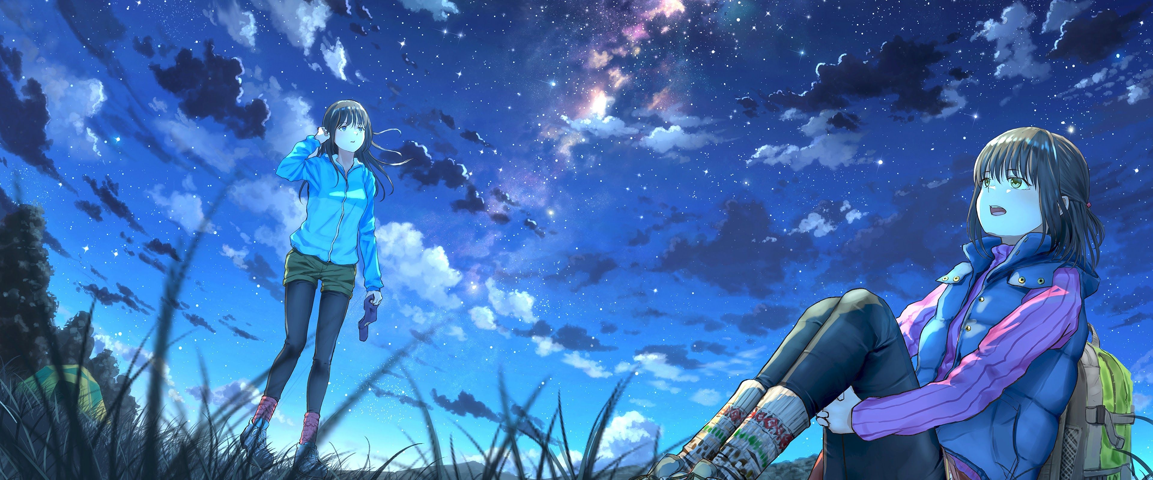 3840x1600 Anime Girls Night Sky Scenery Clouds Stars 4K Wallpaper, Dual Screen