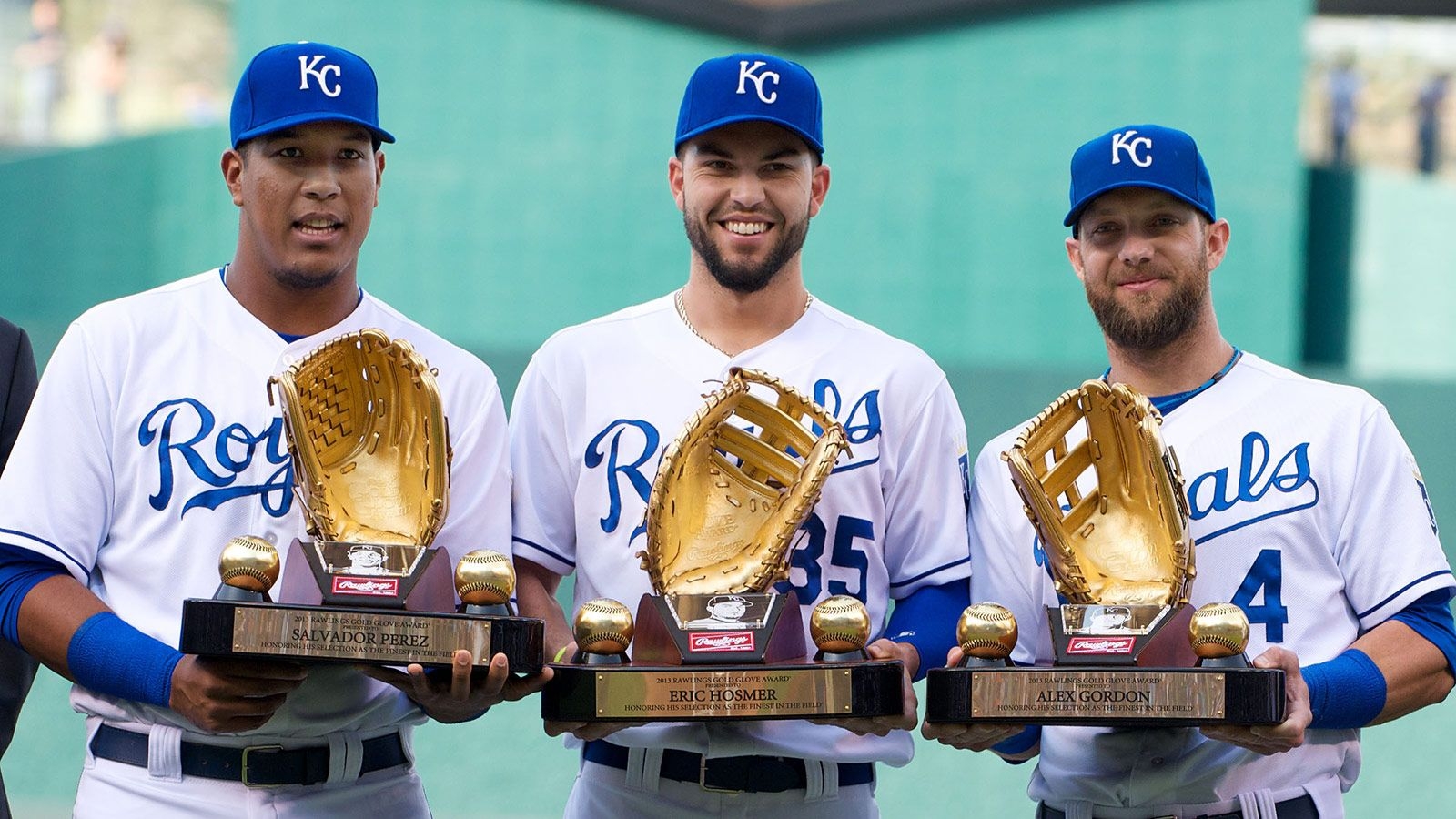 1600x900 Salvador Perez (C), Eric Hosmer (1B) & Alex Gordon (LF). 2013 Rawlings Gold Glove winners. Eric hosmer, Kansas city royals baseball, Kansas city royals, Desktop