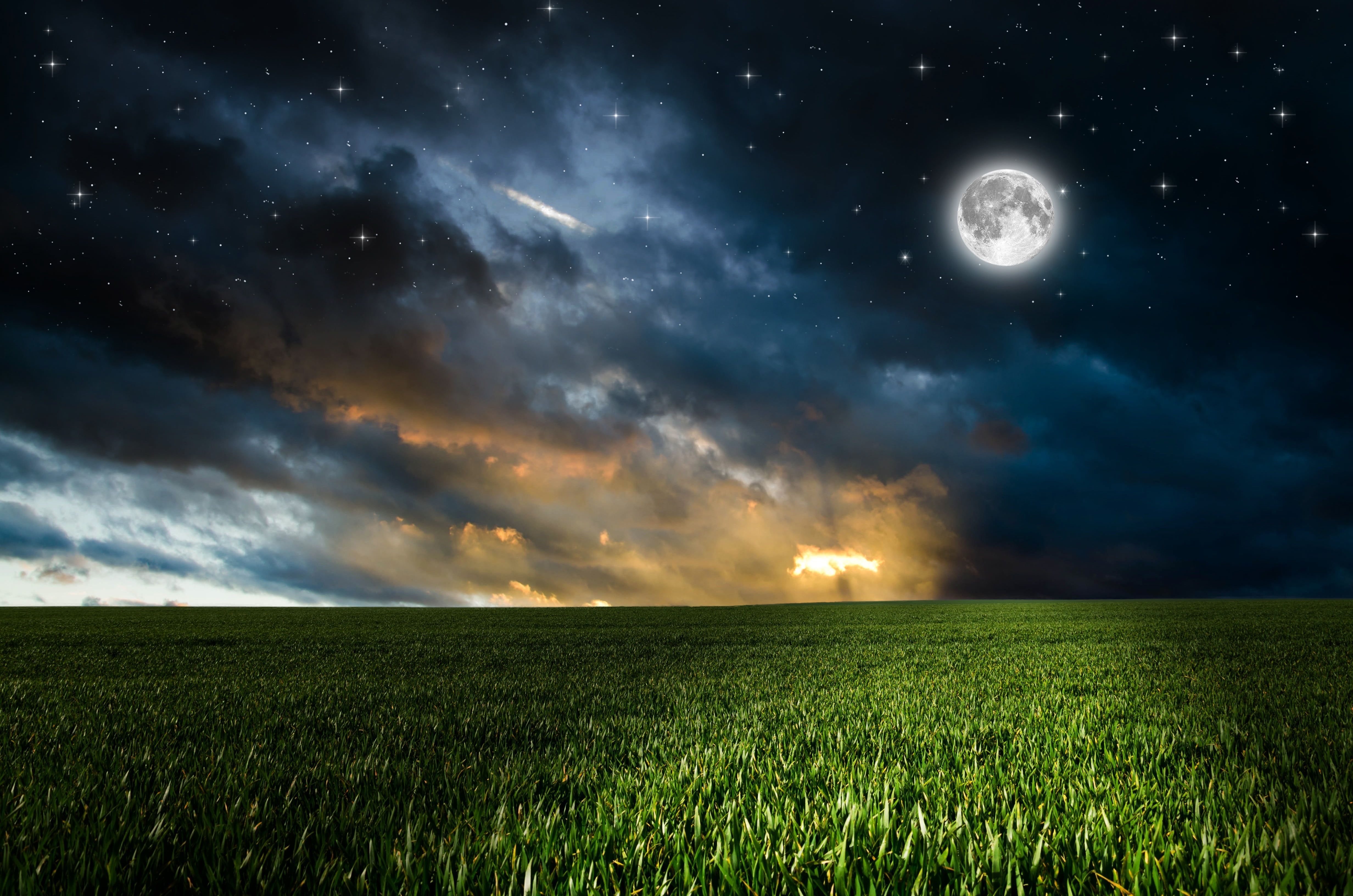 4930x3270 green grass field and full moon #greens #field the sky #grass #clouds #night the moon #photoshop #stars K #wallpaper. Scenery, Landscape, Mountain illustration, Desktop