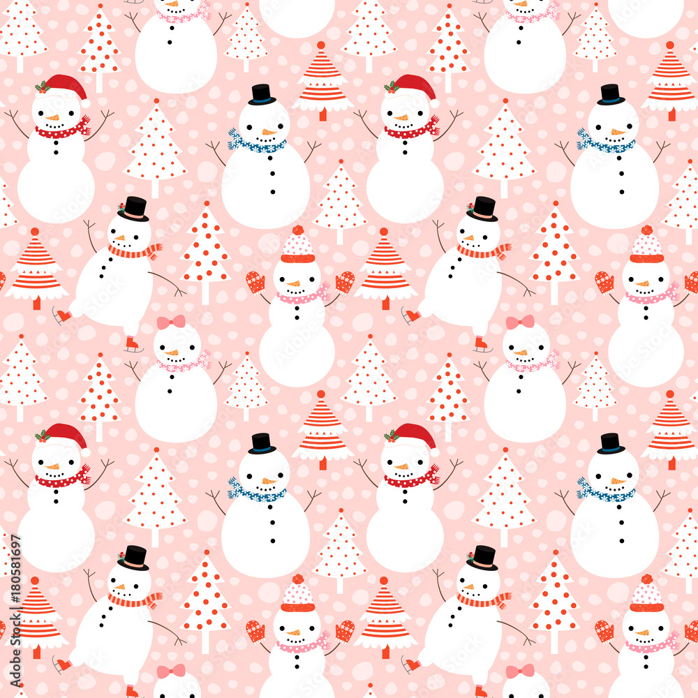 1000x1000 Cute vector winter seamless pattern with cartoon snowmen in flat style with hats and scarves on pink background with Christmas trees Stock Vector, Phone