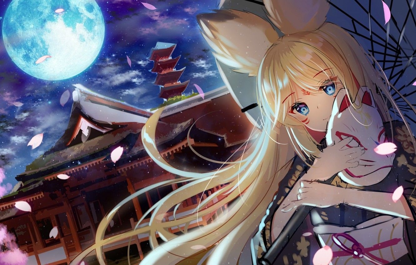 1340x850 Wallpaper night, umbrella, Japan, mask, girl, temple, pagoda, kimono, blue eyes, the full moon, ears, cherry blossoms, fox girl, long white hair image for desktop, section арт, Desktop