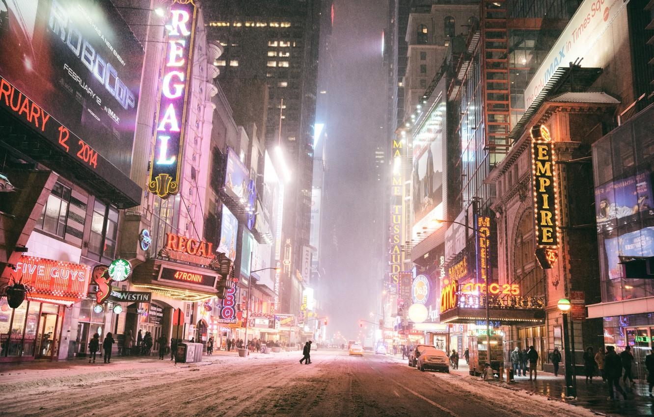 1340x850 Wallpaper dark, USA, night, New York, Manhattan, NYC, Snow, New York City, winter, snow, evening, signs, cataclysm, Times Square, darkness, America image for desktop, section город, Desktop