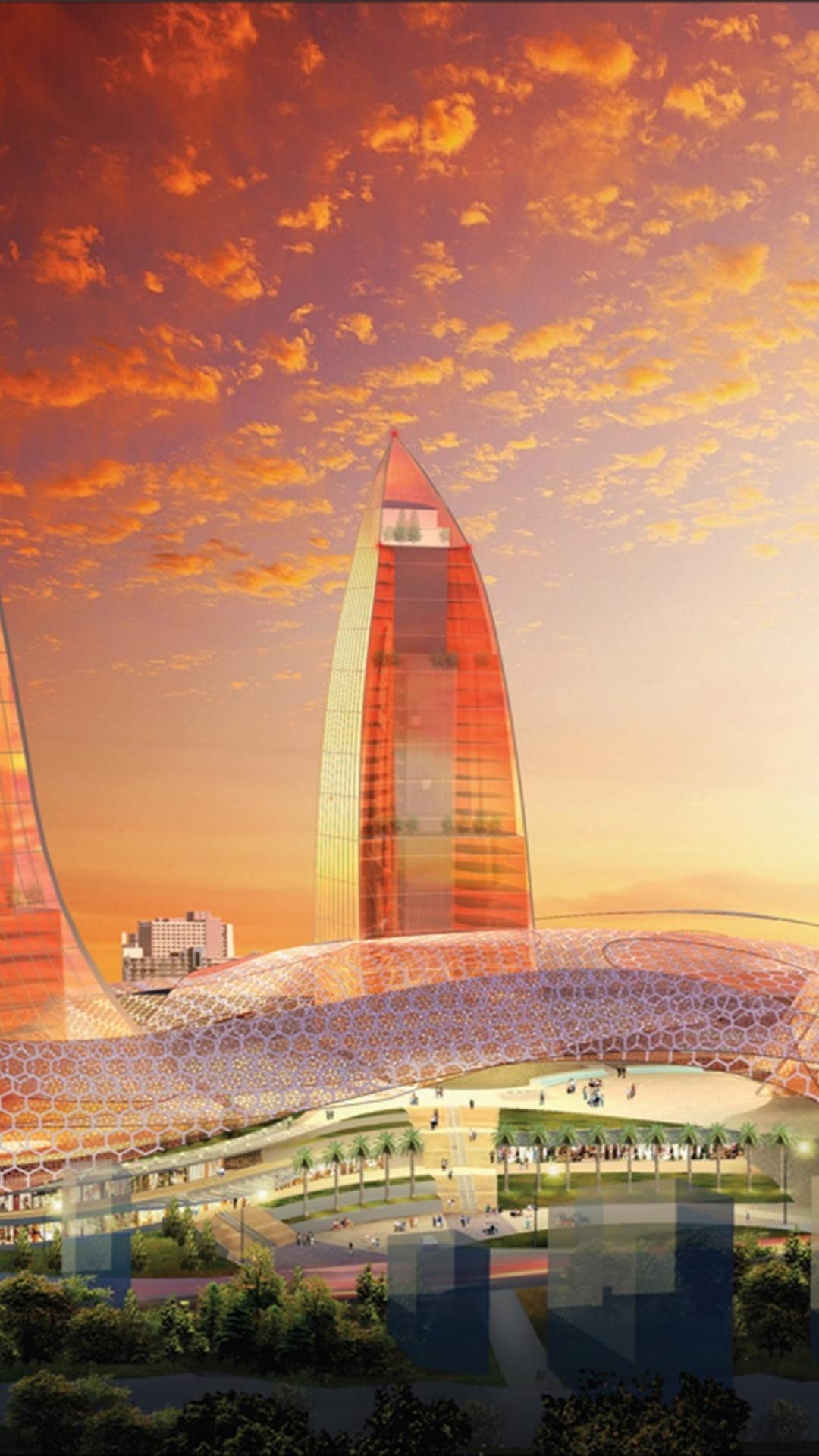 1080x1920 Futuristic architecture design buildings flame azerbaijan baku, Phone