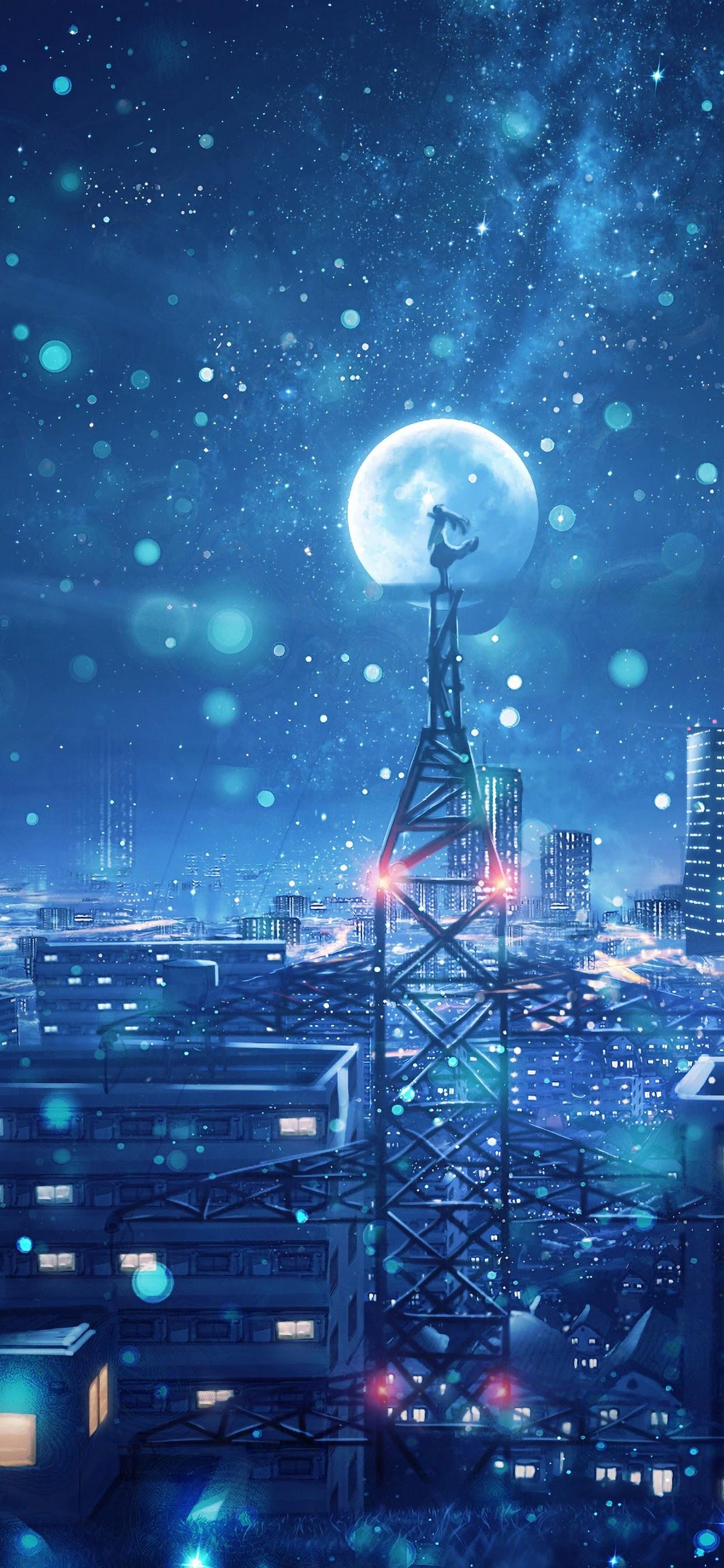 1250x2690 Night Sky City Stars Anime Scenery 4K Wallpaper, Phone