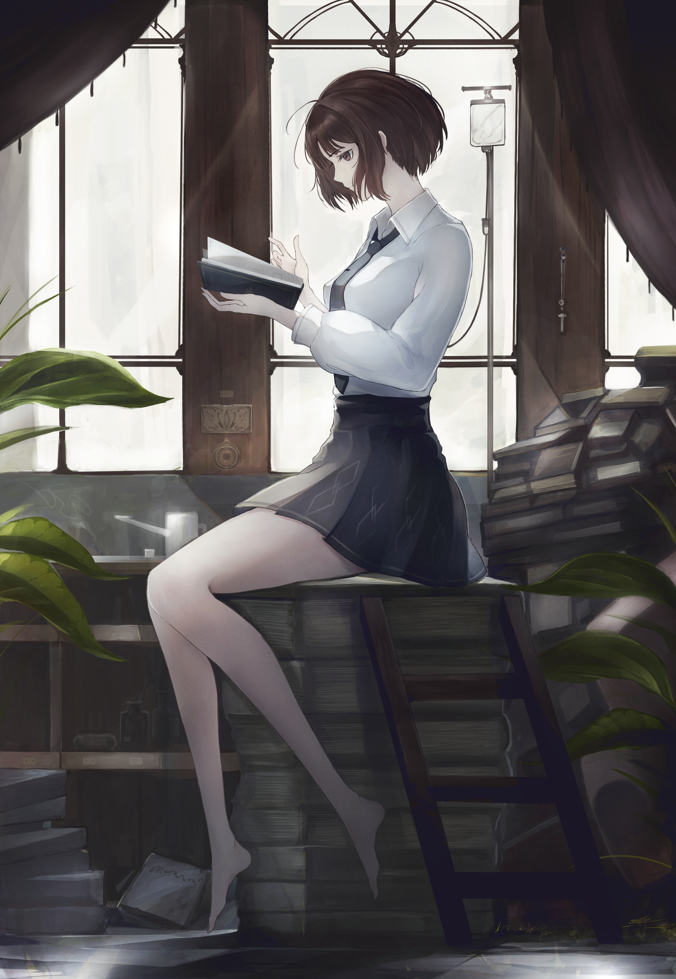 2190x3170 Anime Anime Girls Marumoru Vertical Original Characters Reading Books Barefoot Short Hair Brunette Wallpaper:, Phone